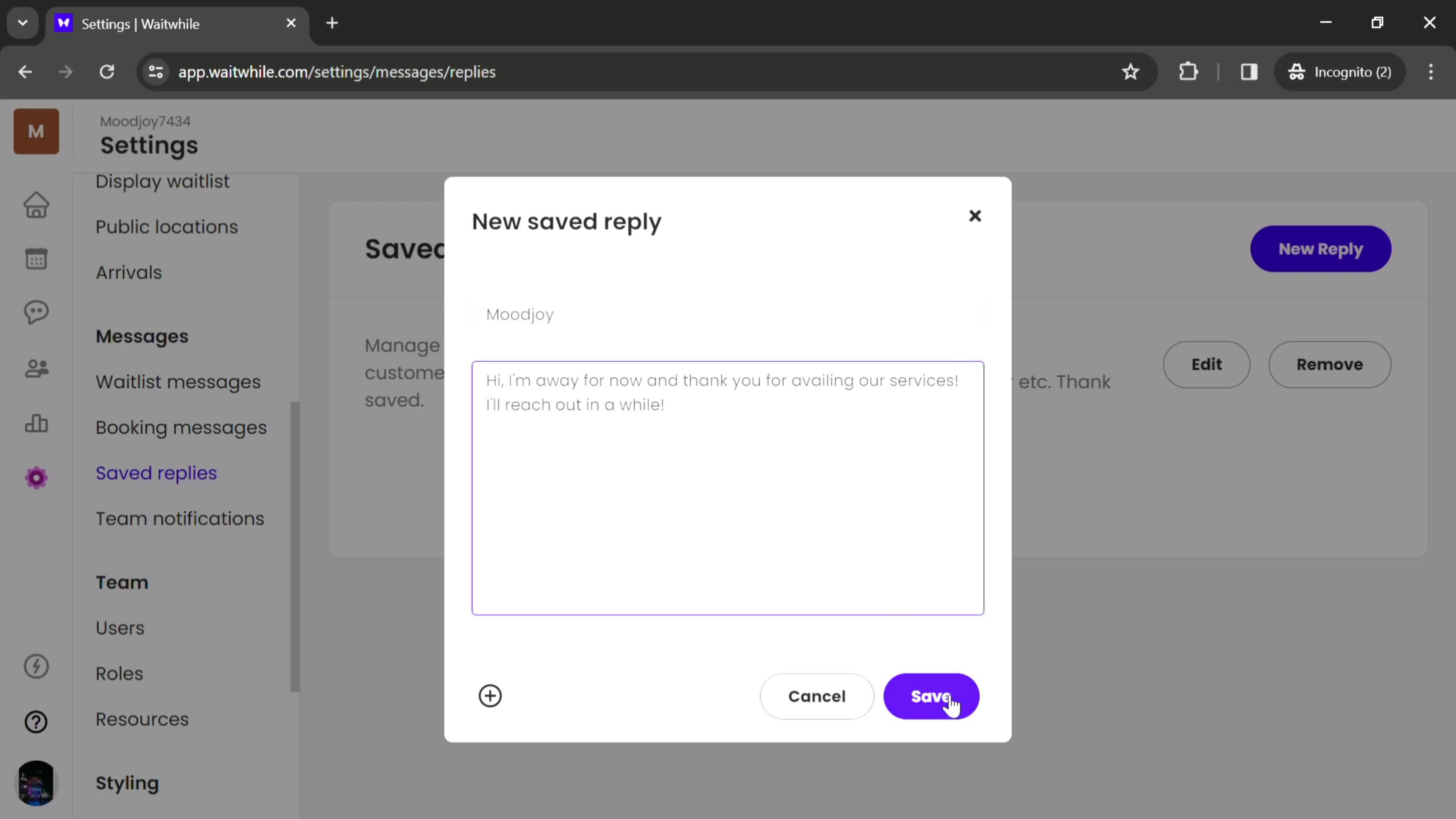 Creating saved messages screenshot