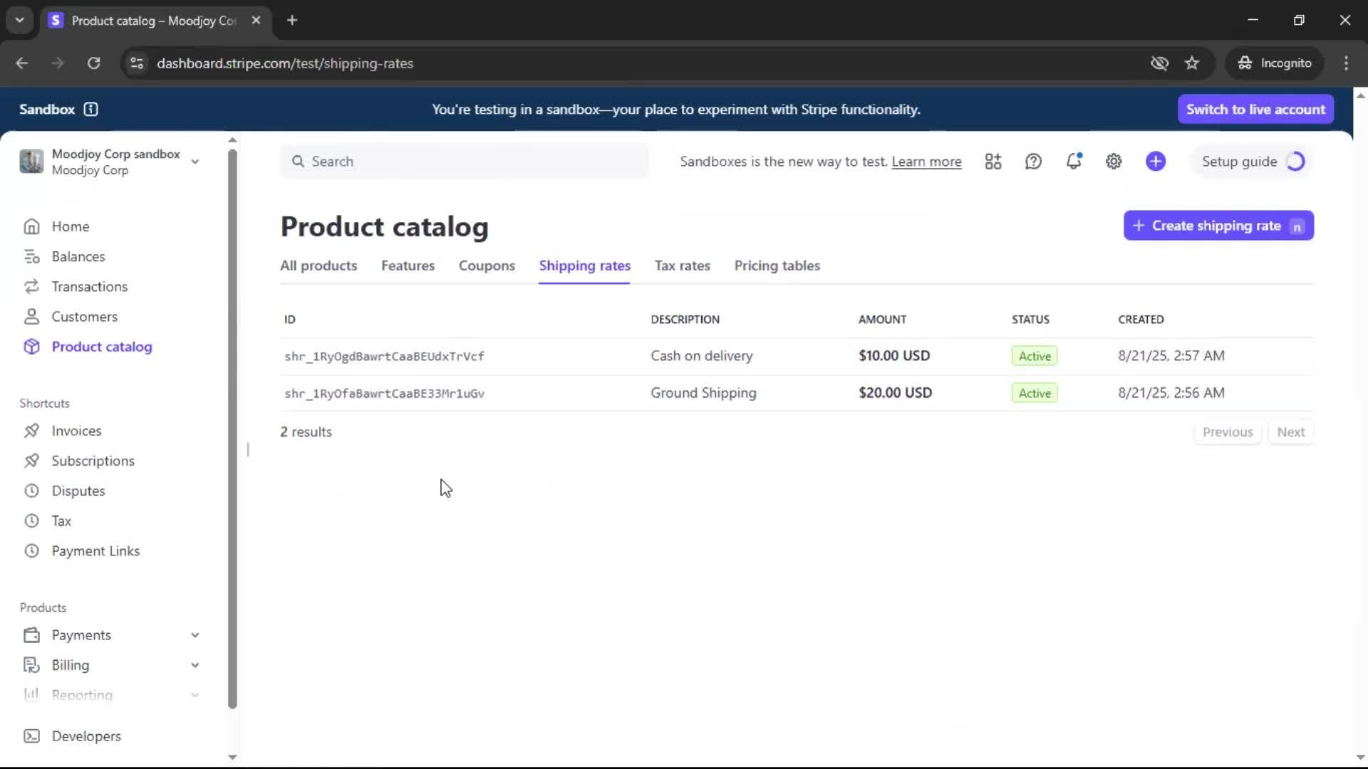 Creating shipping rate screenshot