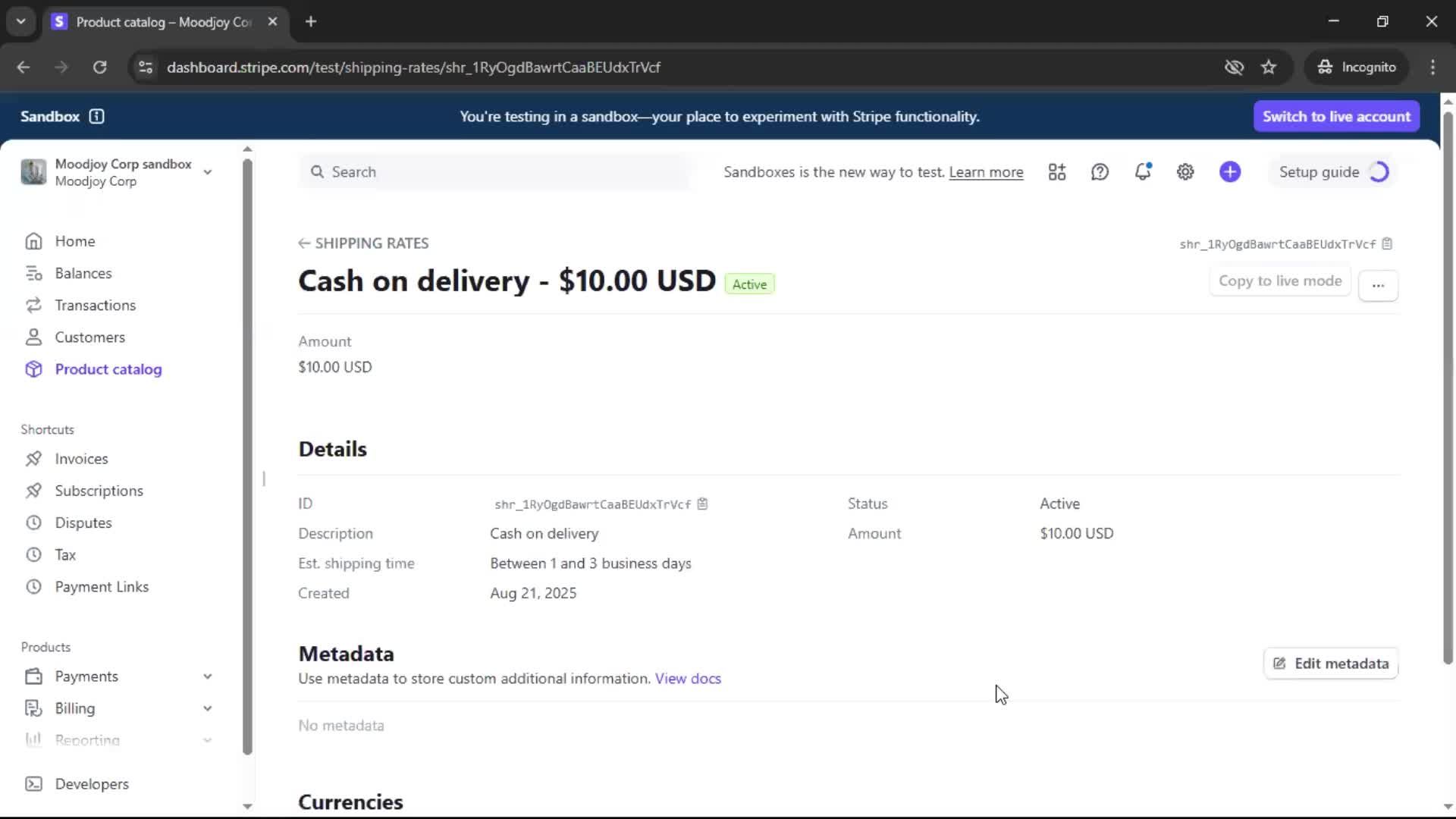Creating shipping rate screenshot