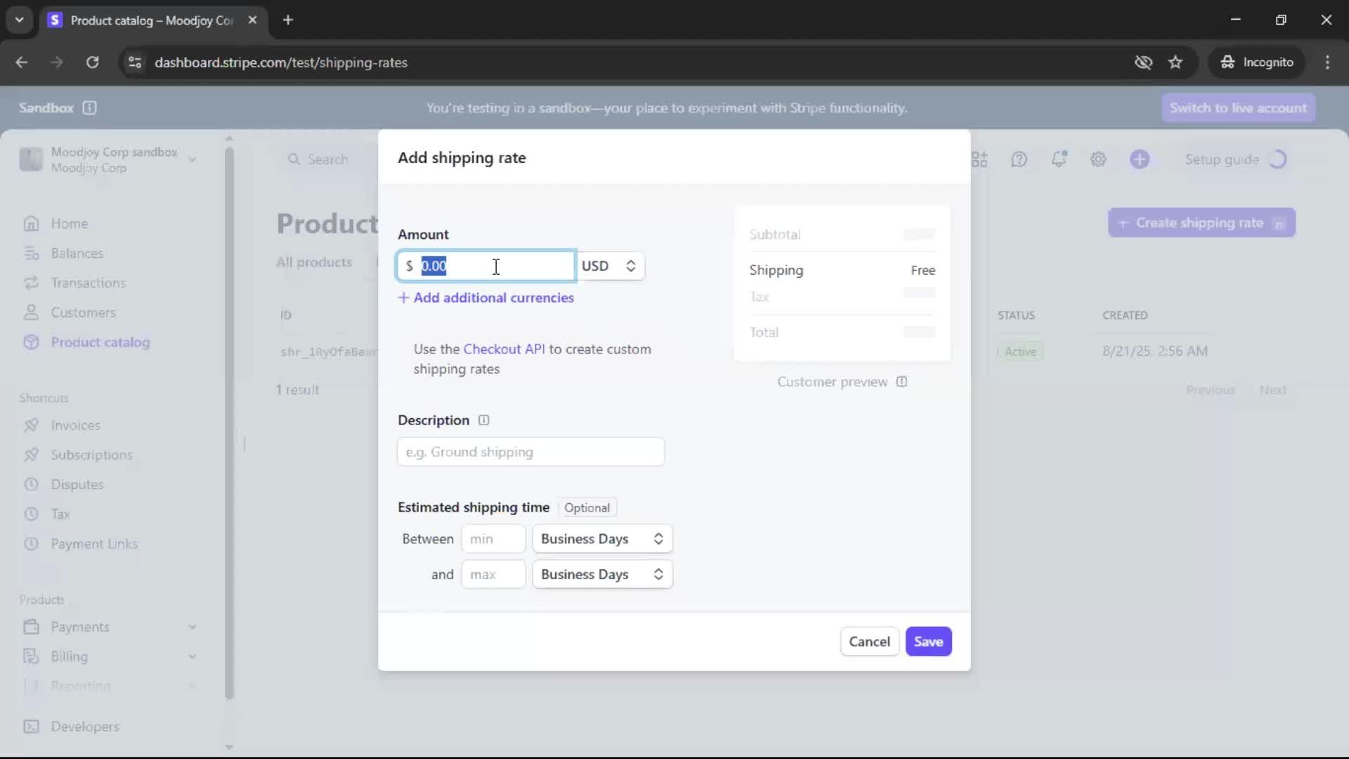 Creating shipping rate screenshot