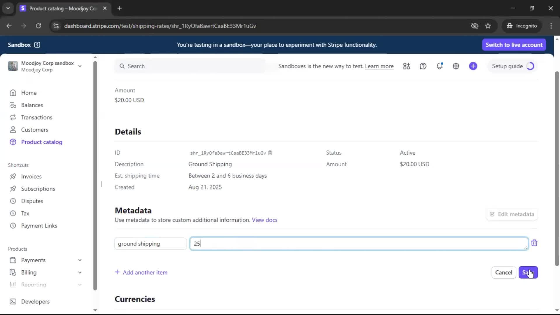 Creating shipping rate screenshot