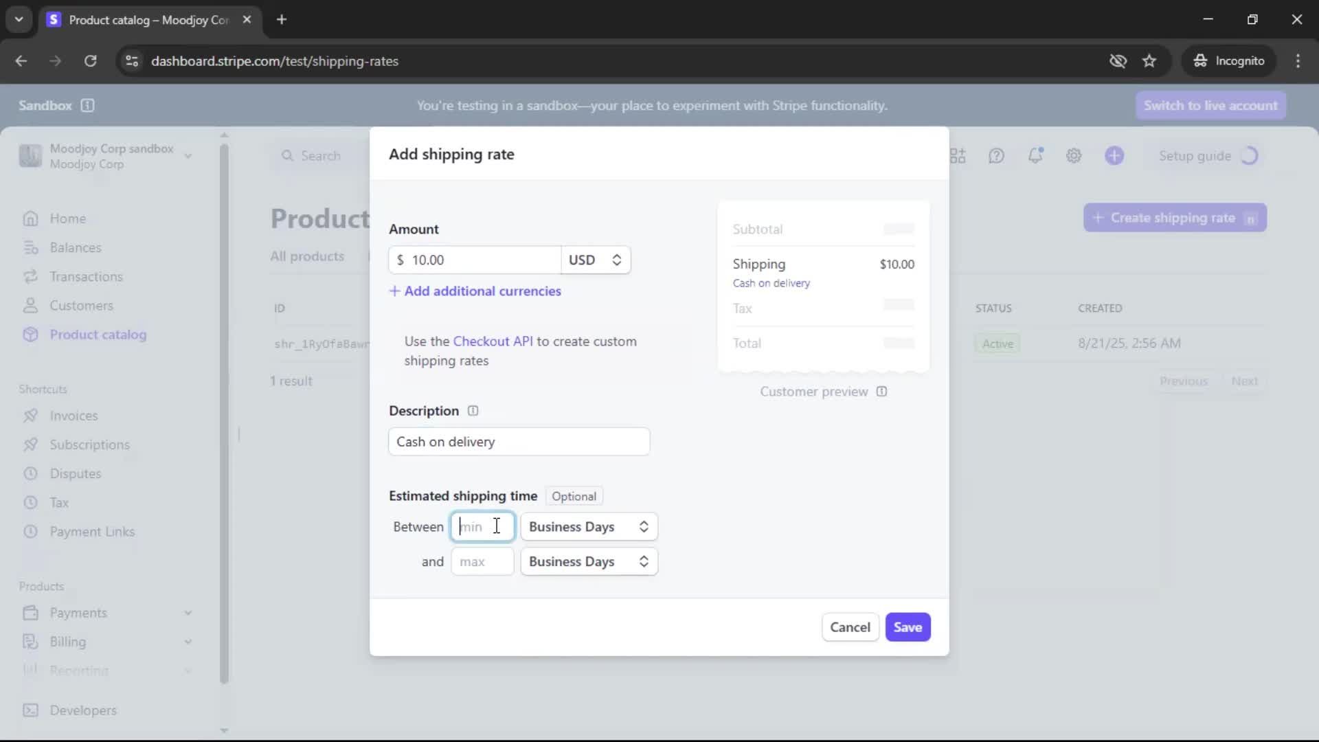 Creating shipping rate screenshot