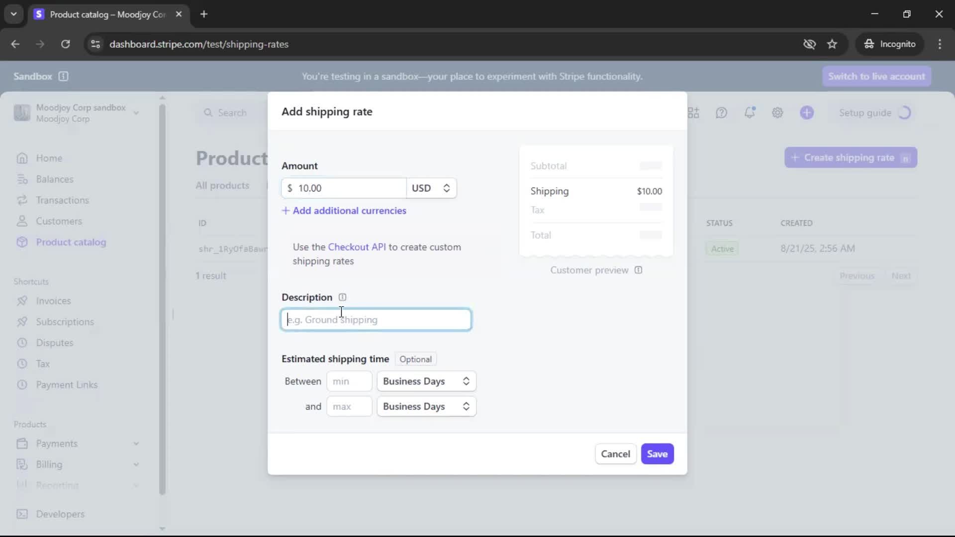 Creating shipping rate screenshot