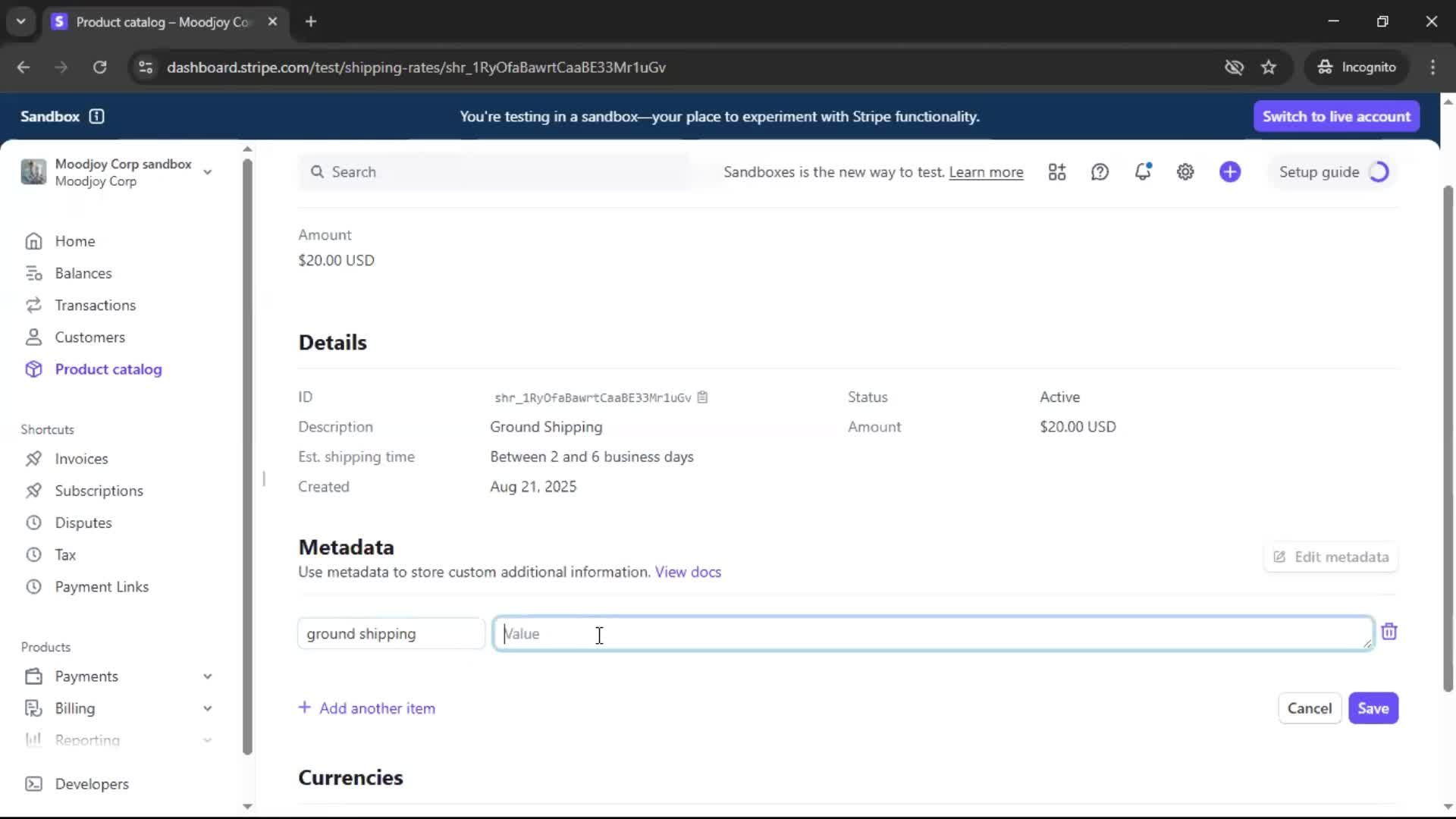 Creating shipping rate screenshot