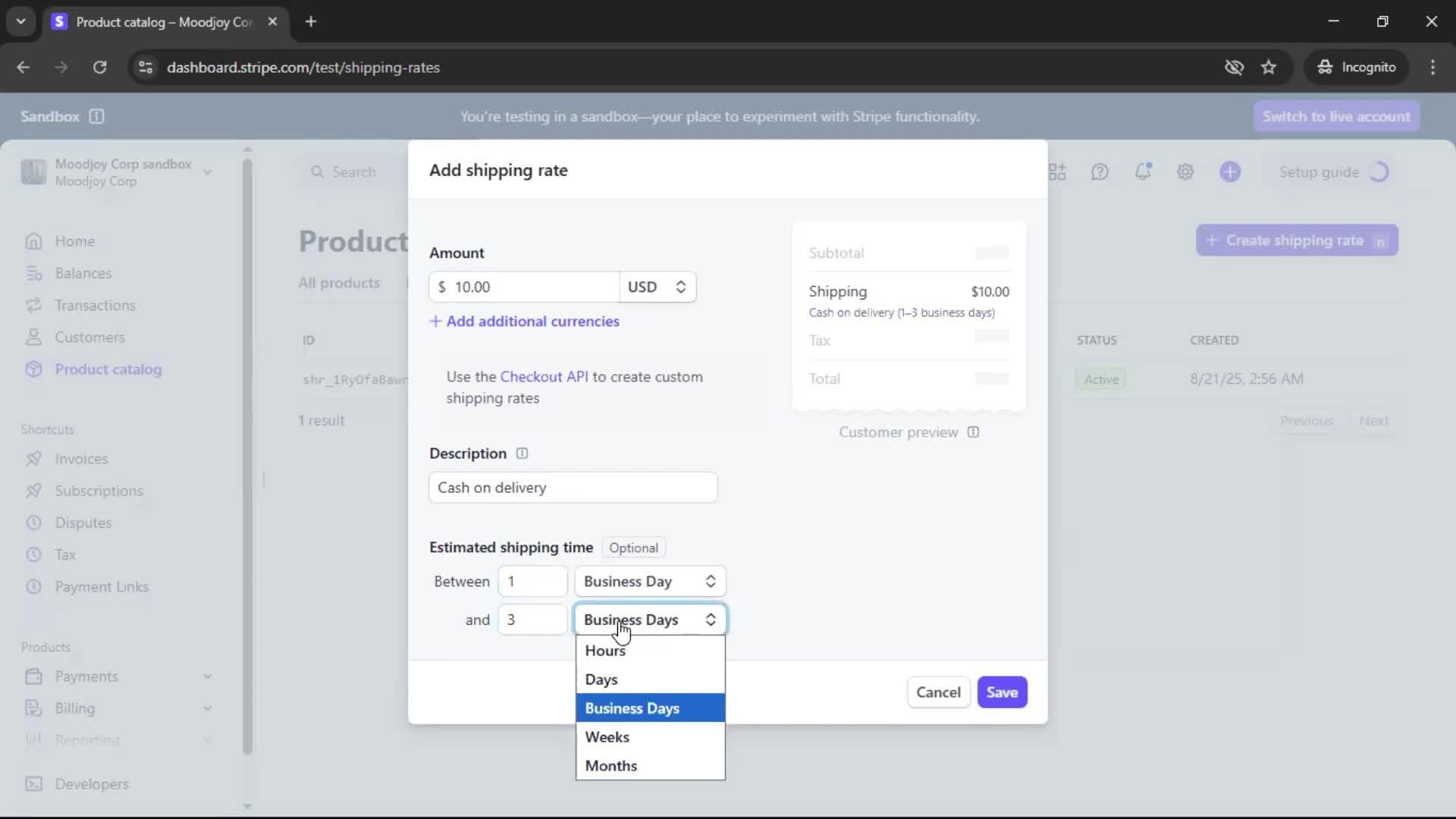 Creating shipping rate screenshot
