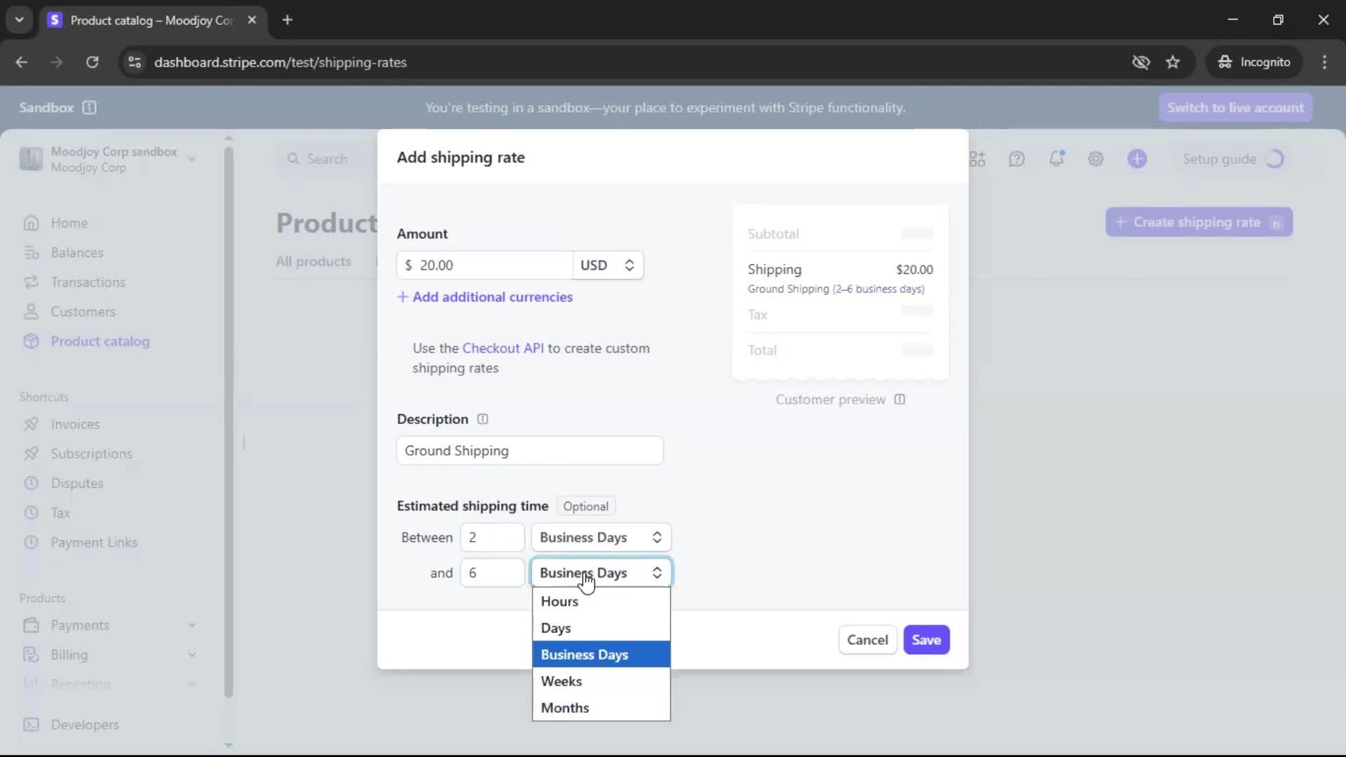 Creating shipping rate screenshot