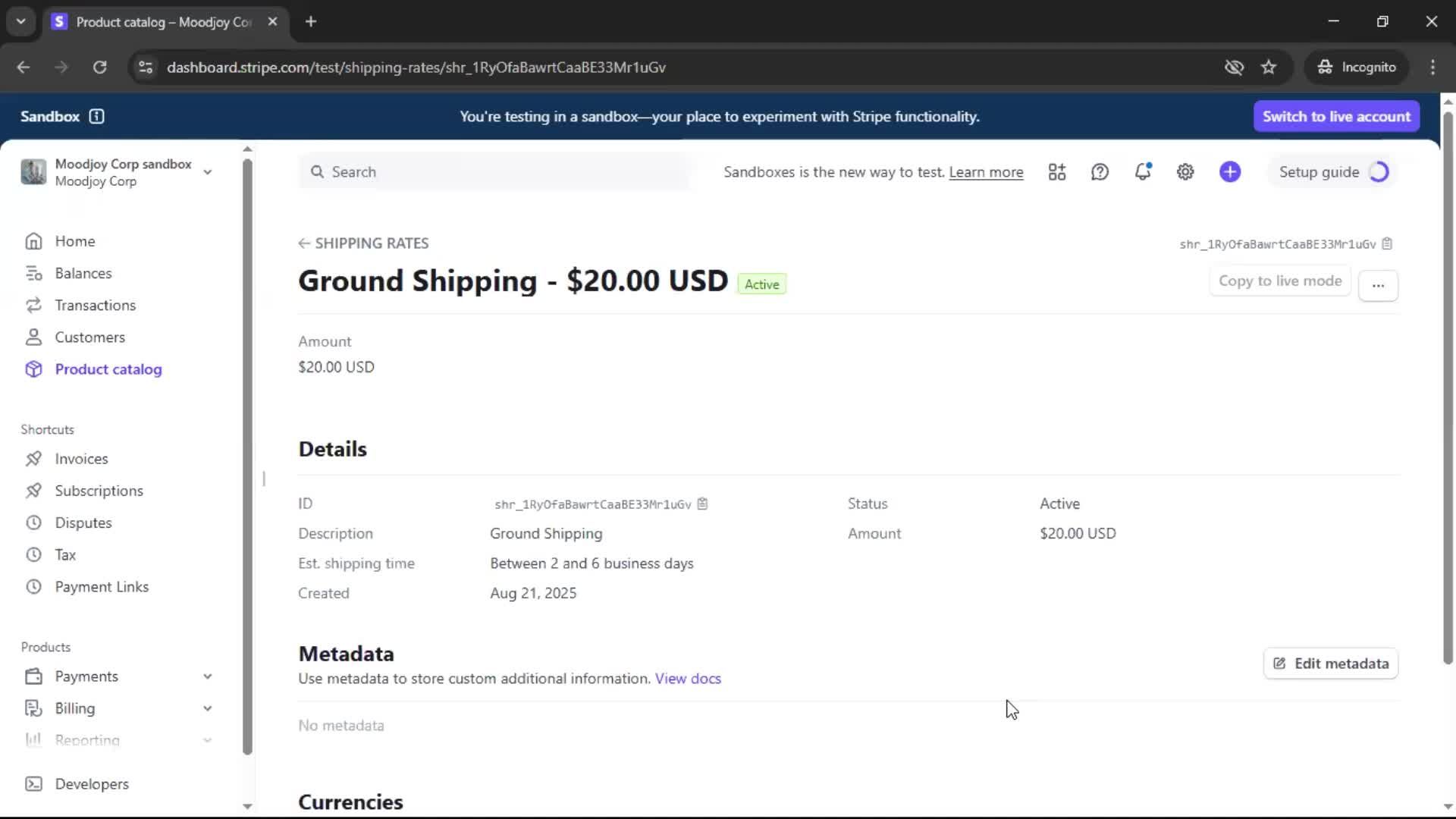 Creating shipping rate screenshot