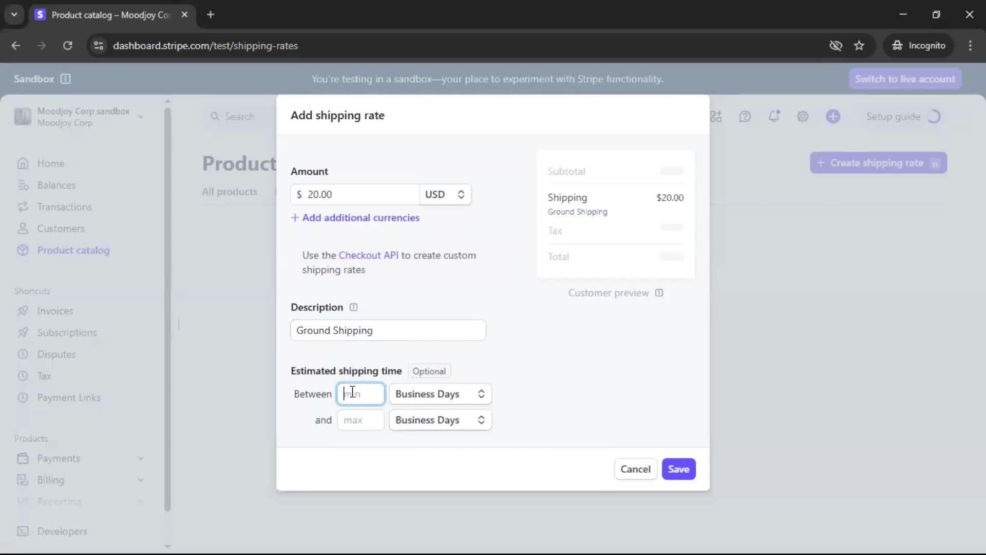 Creating shipping rate screenshot
