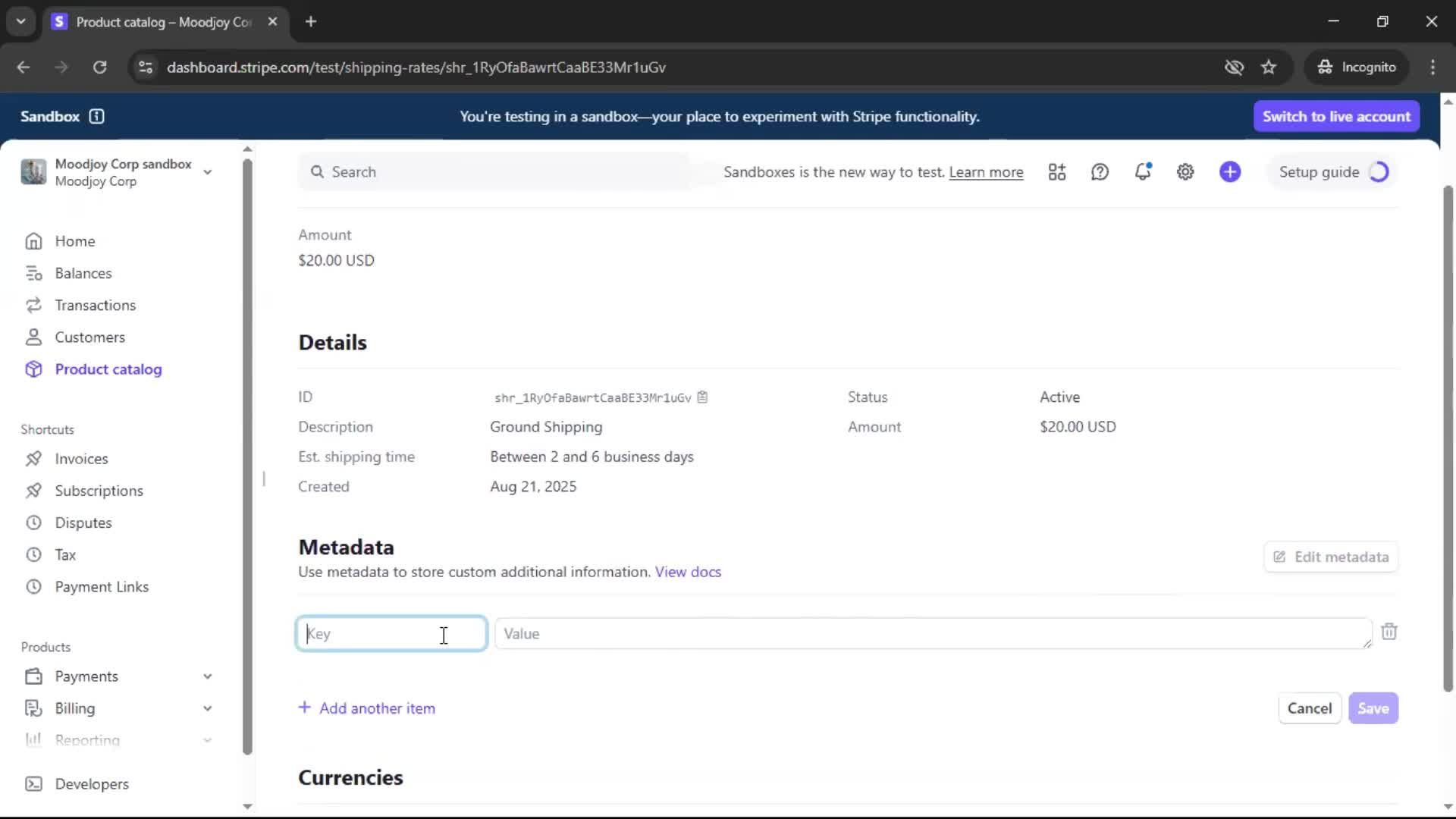 Creating shipping rate screenshot