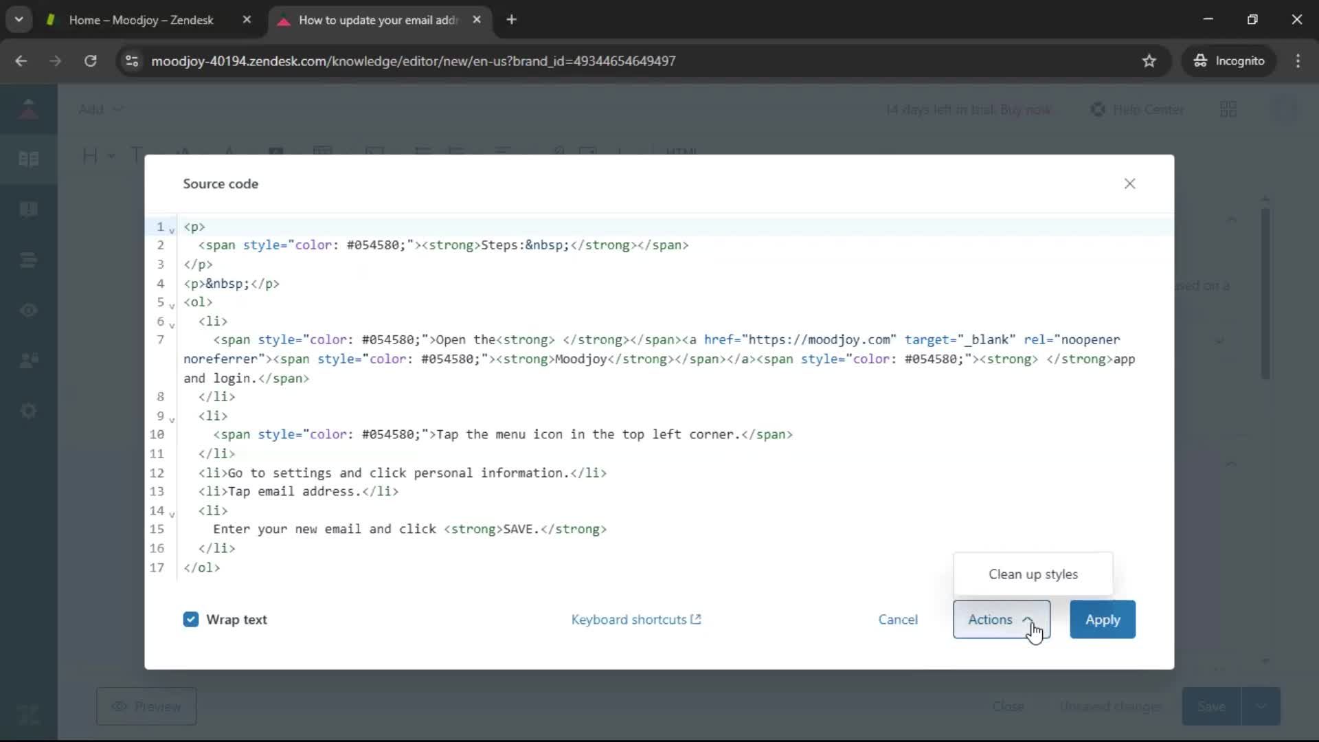 Creating a support article screenshot