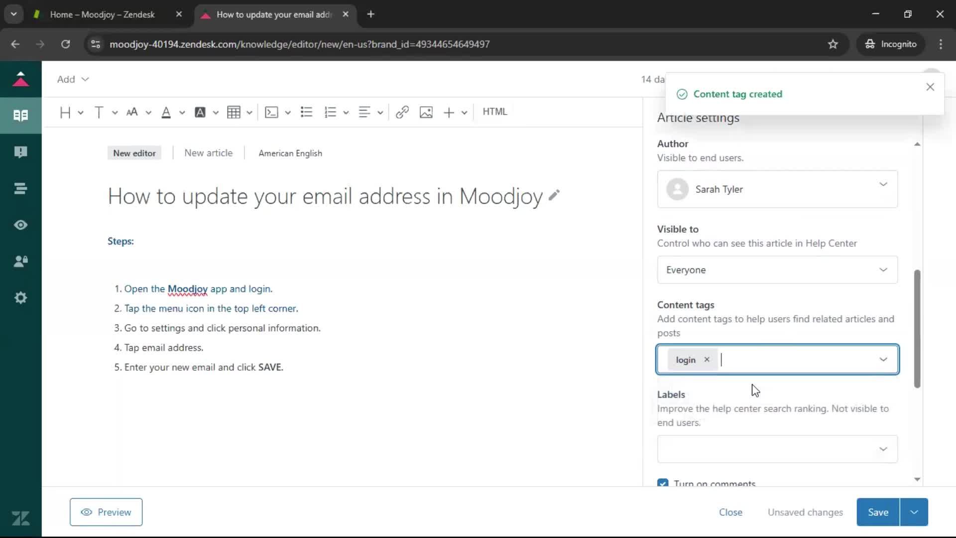Creating a support article screenshot