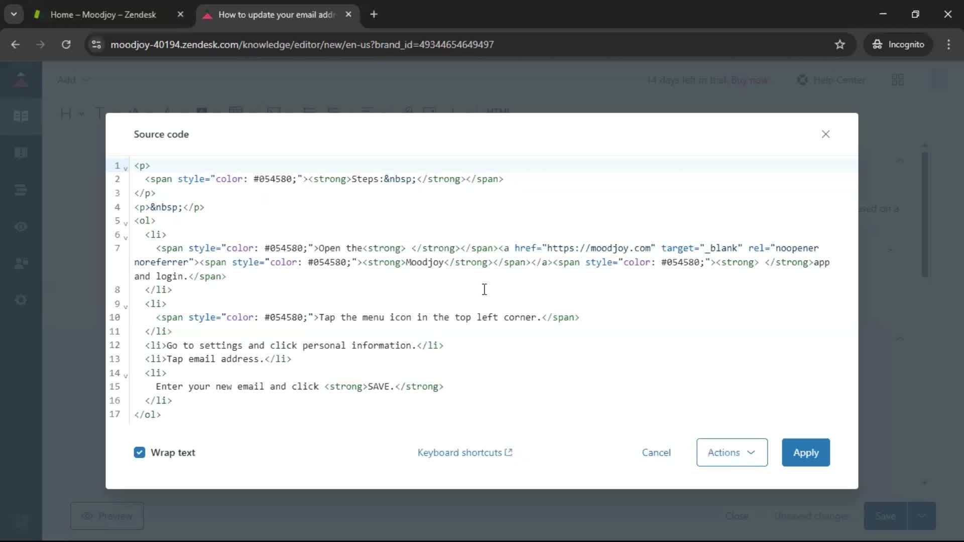 Creating a support article screenshot