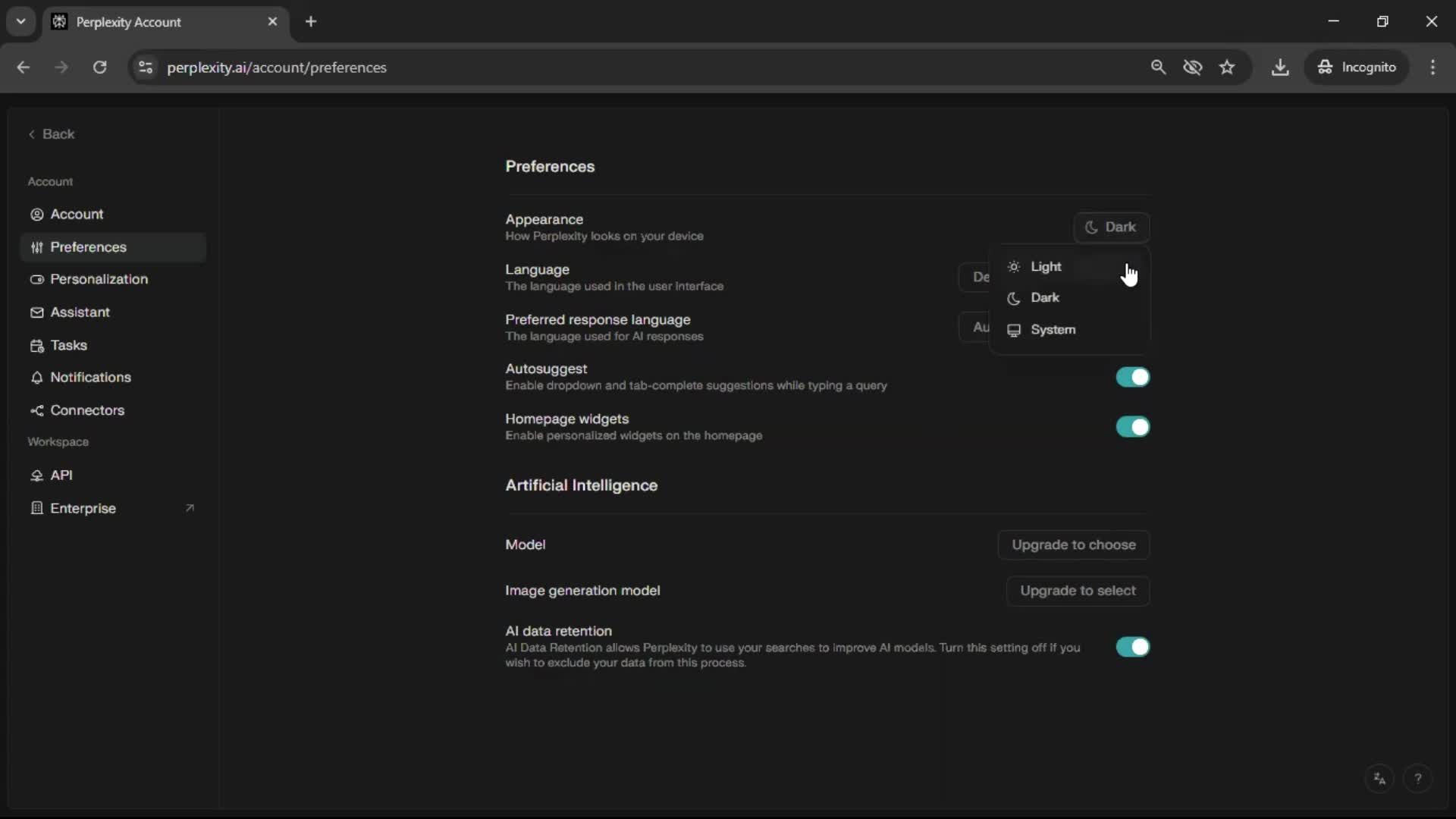 Customization settings screenshot