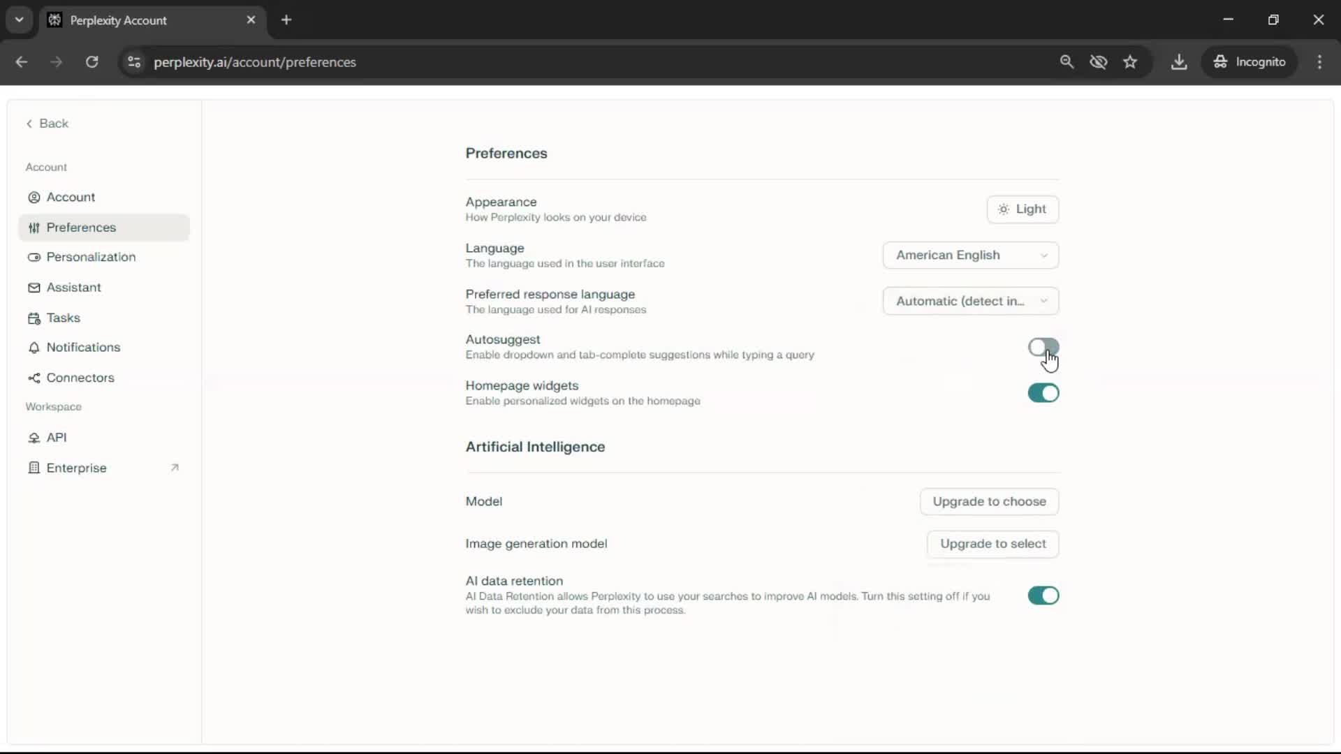 Customization settings screenshot