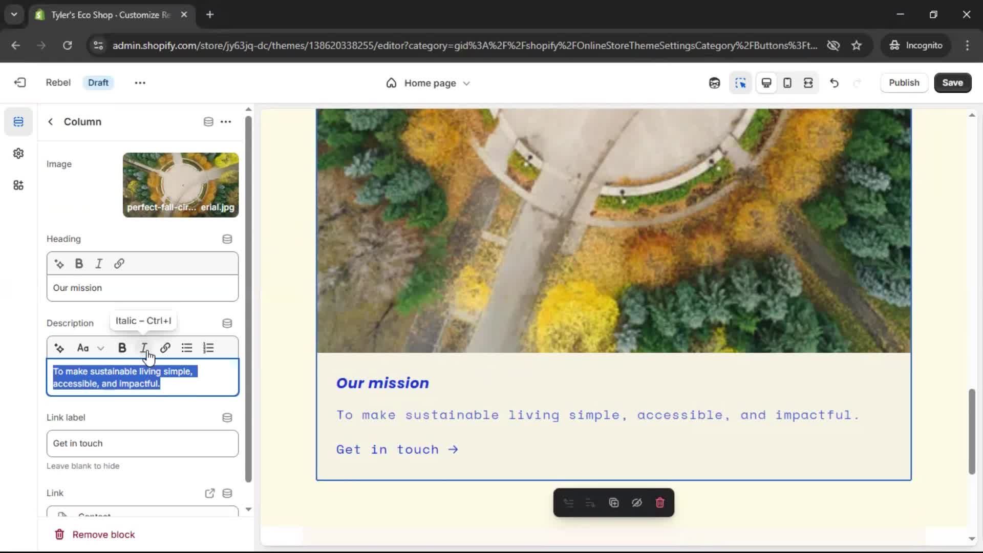 Customization settings screenshot