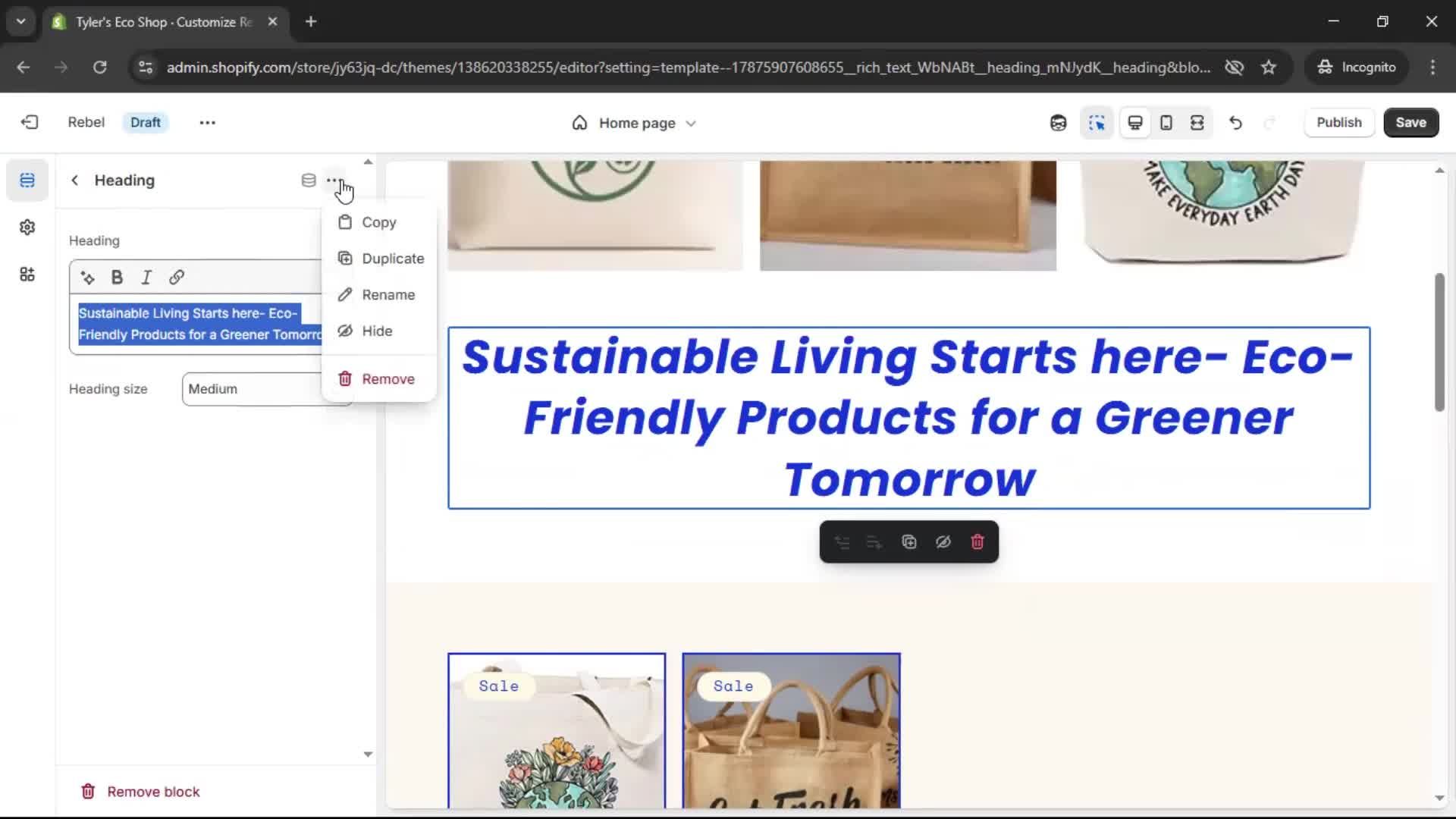 Customization settings screenshot