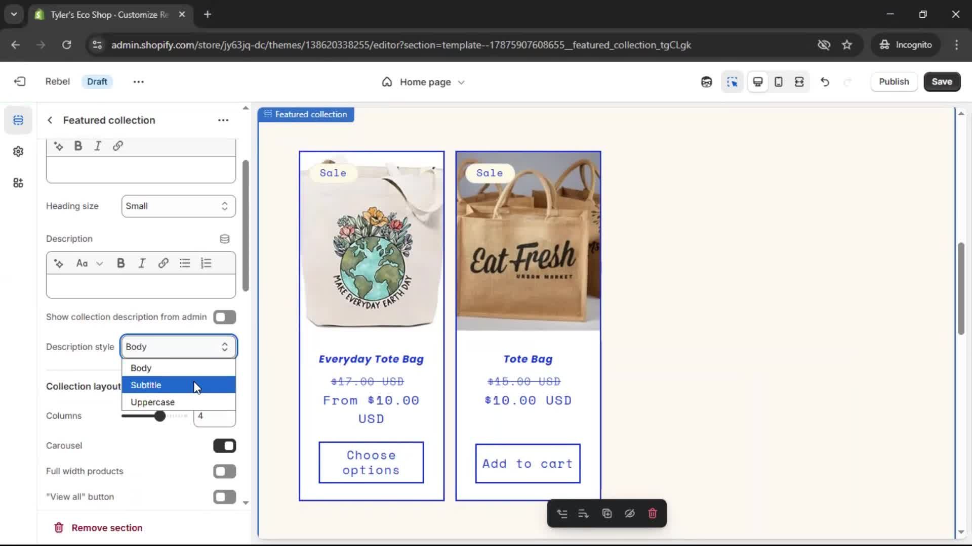 Customization settings screenshot