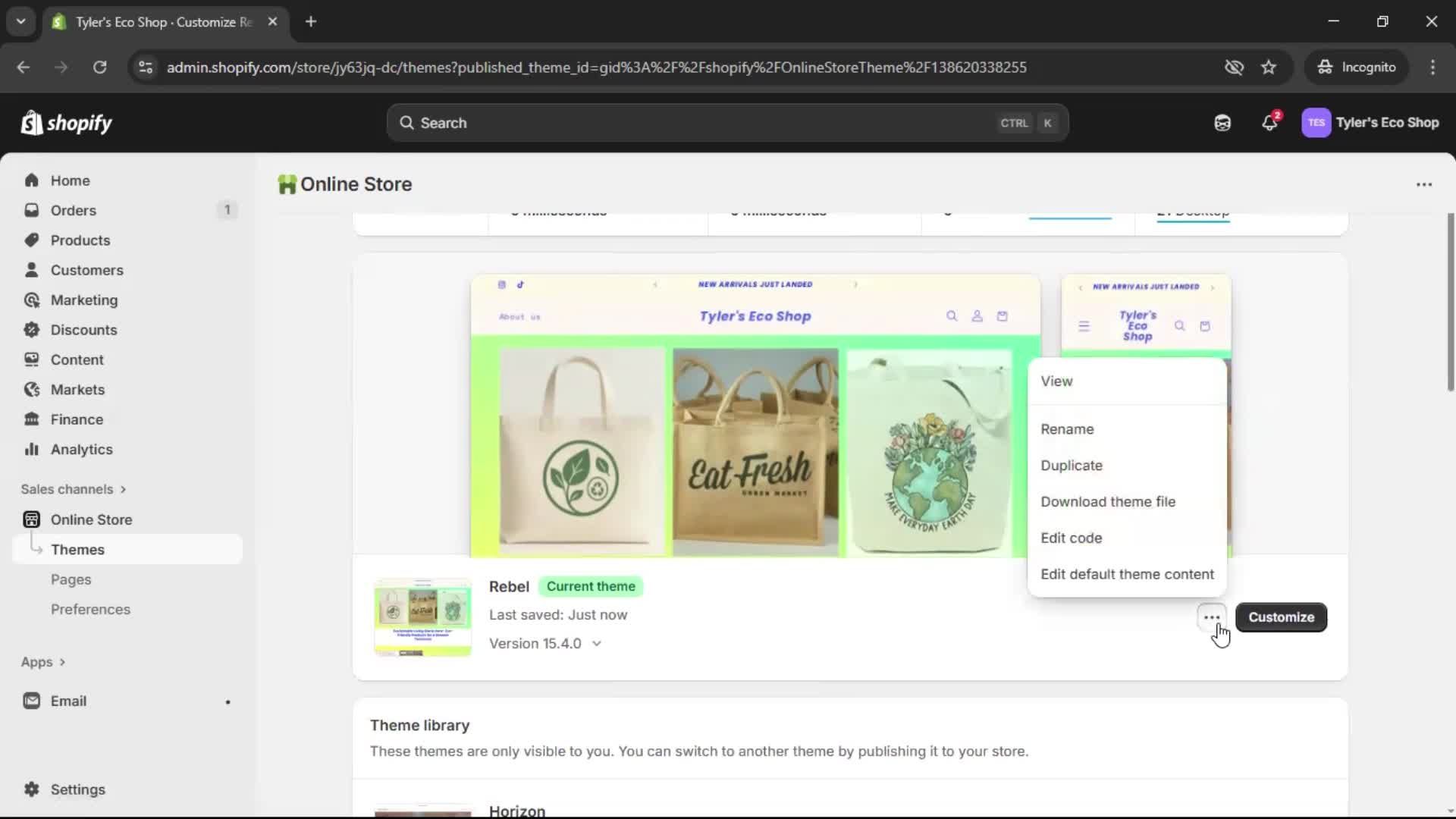 Customization settings screenshot