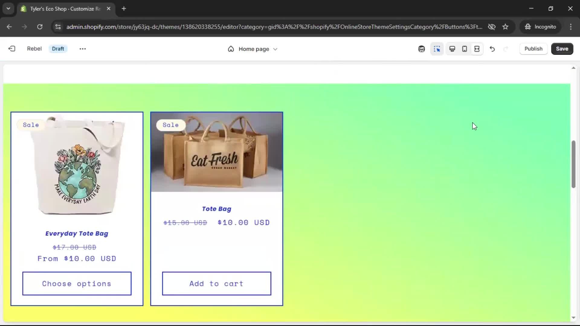 Customization settings screenshot
