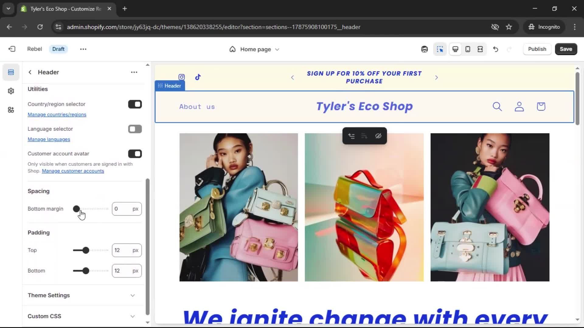 Customization settings screenshot