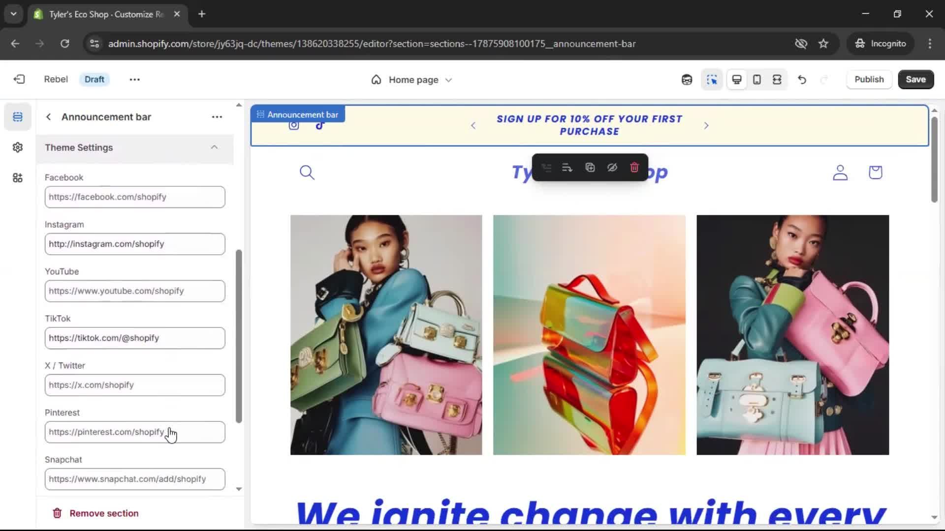 Customization settings screenshot