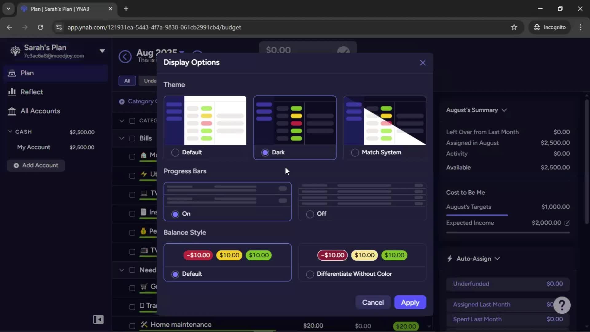 Customization settings screenshot
