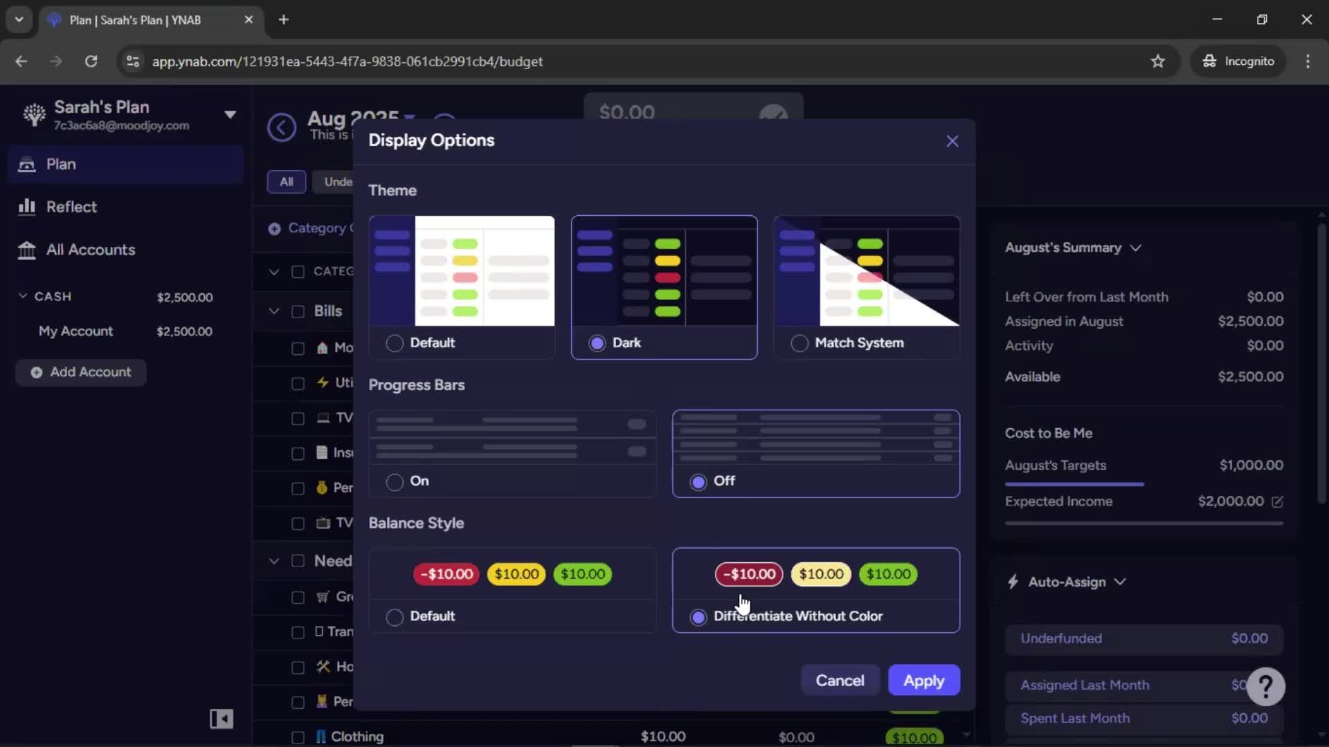 Customization settings screenshot