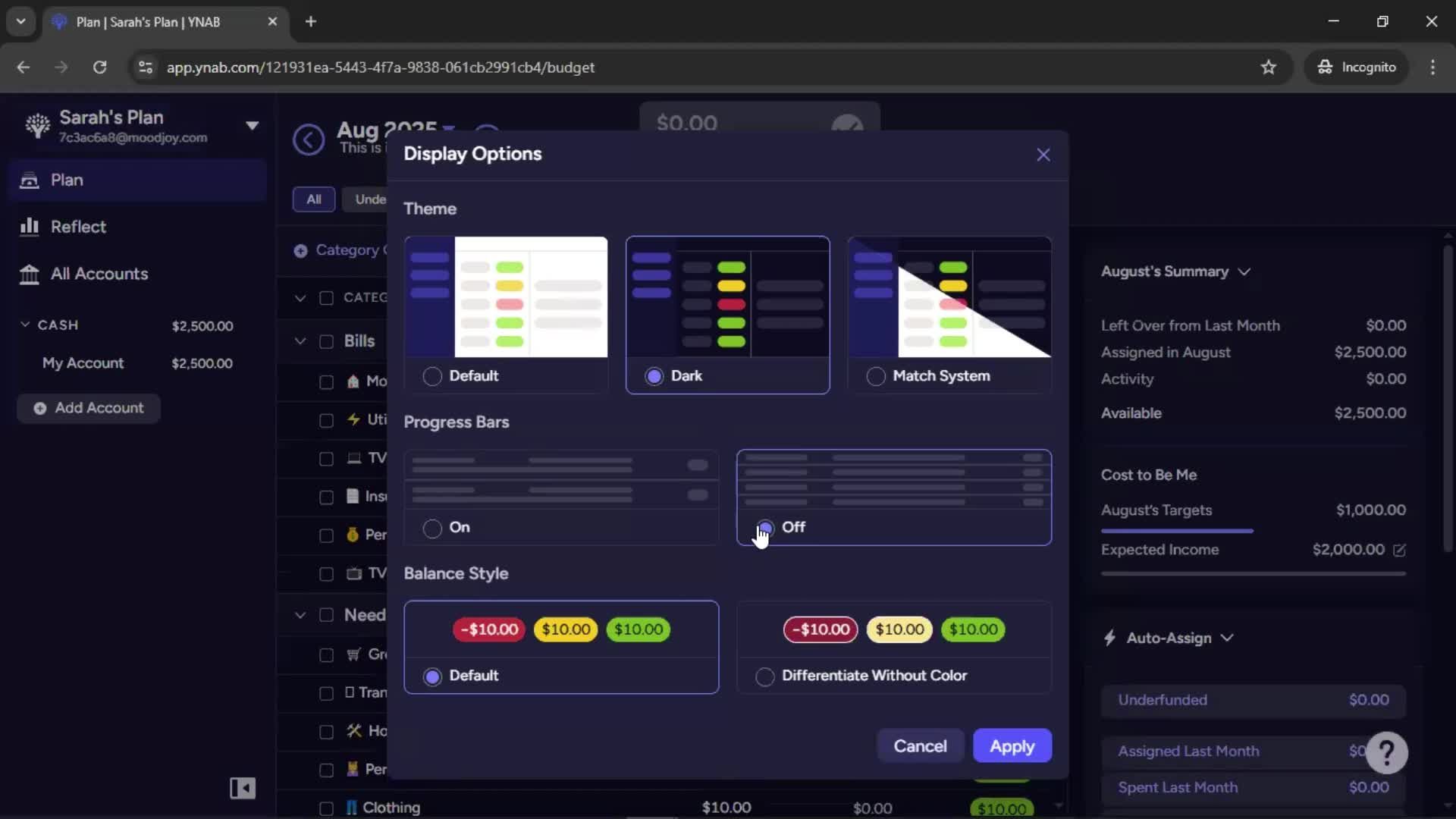 Customization settings screenshot