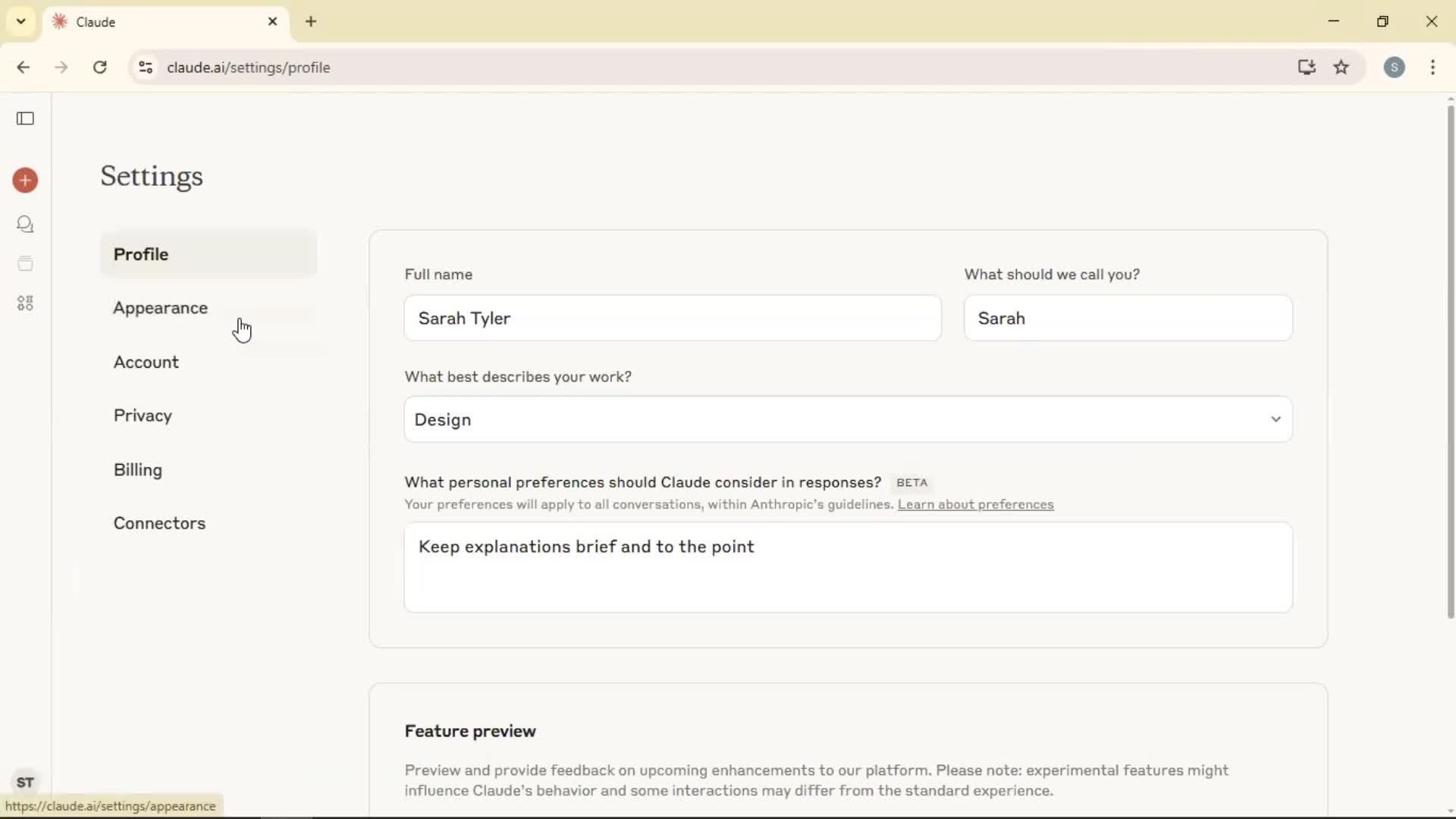 Customizing appearance screenshot