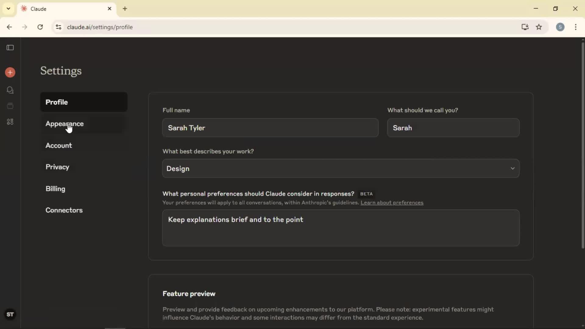 Customizing appearance screenshot