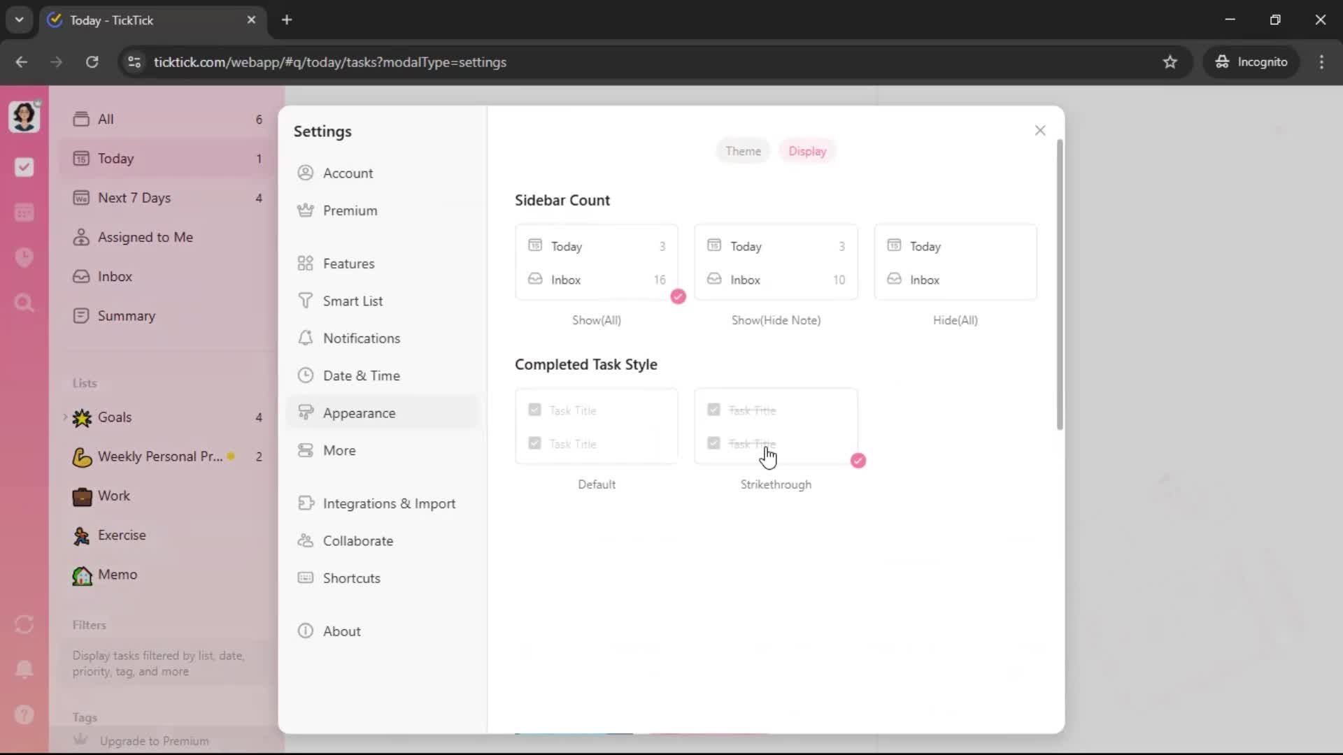 Customizing appearance screenshot