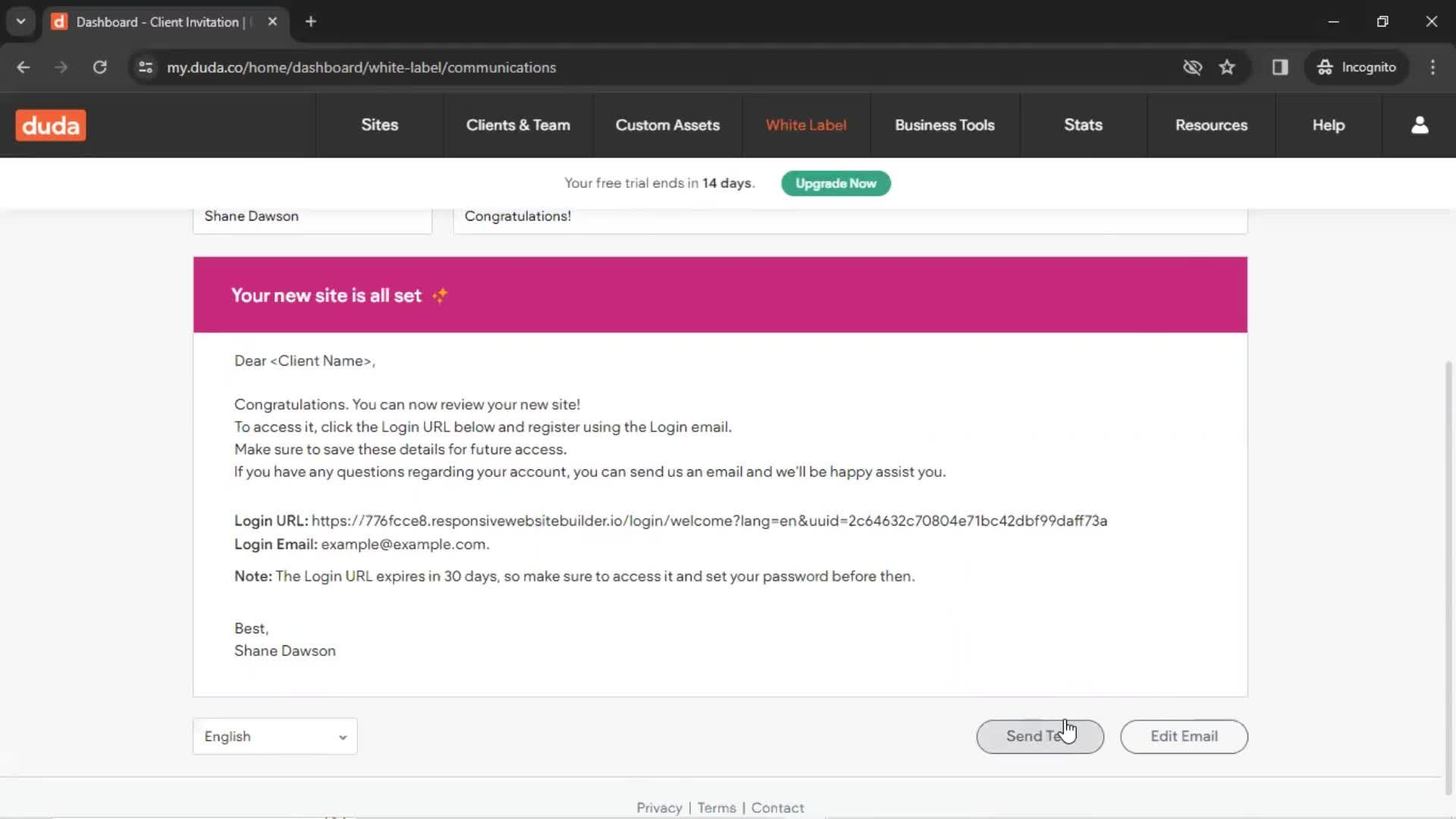 Customizing email invitation screenshot