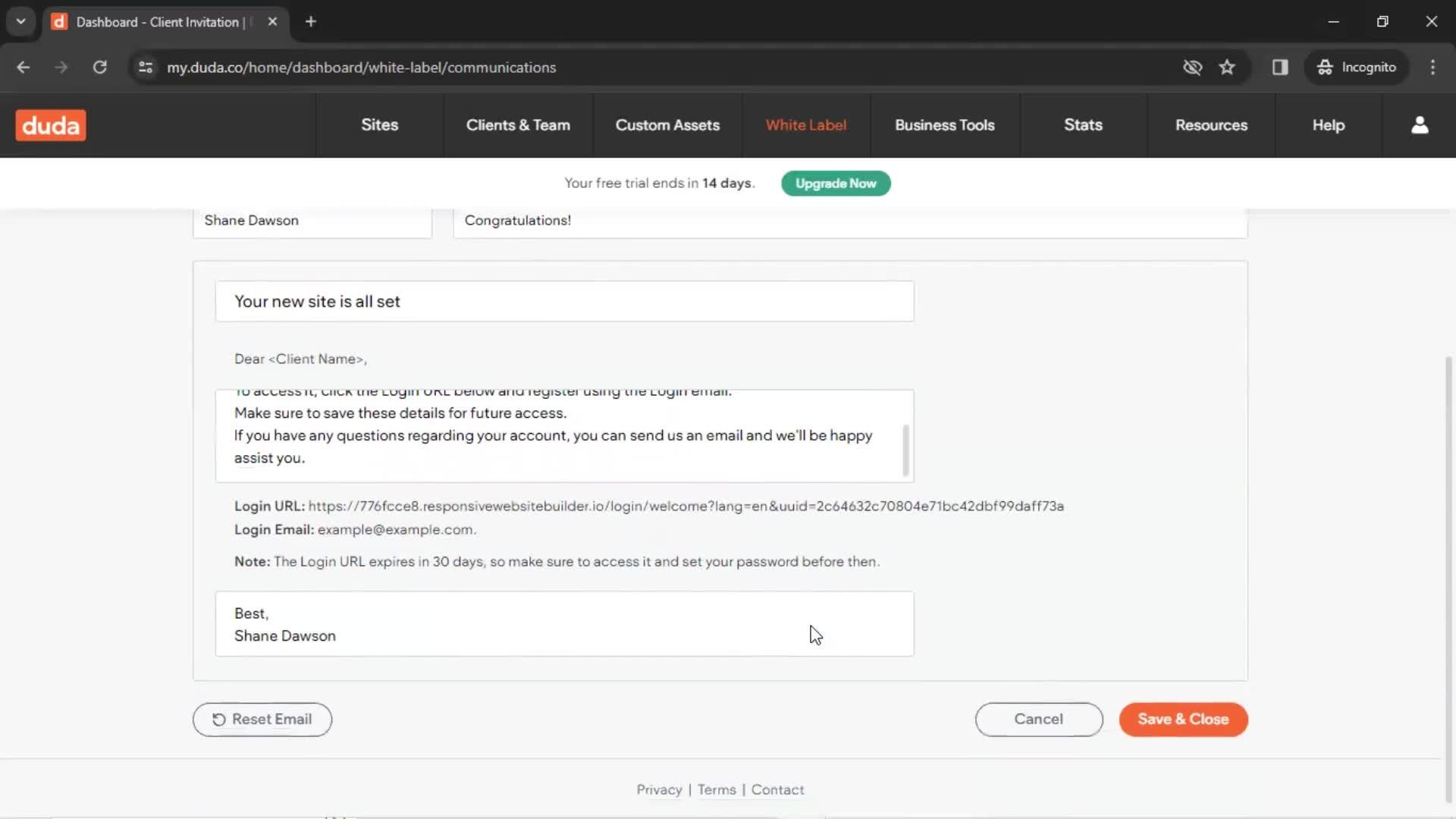 Customizing email invitation screenshot