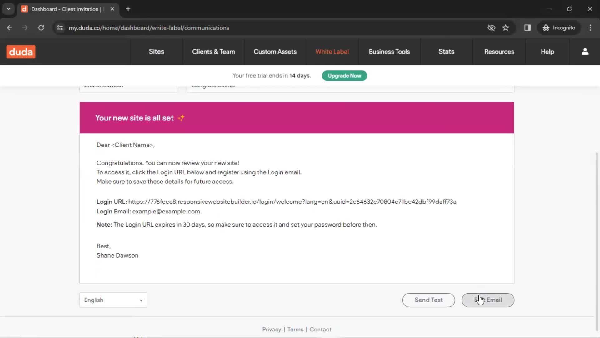 Customizing email invitation screenshot