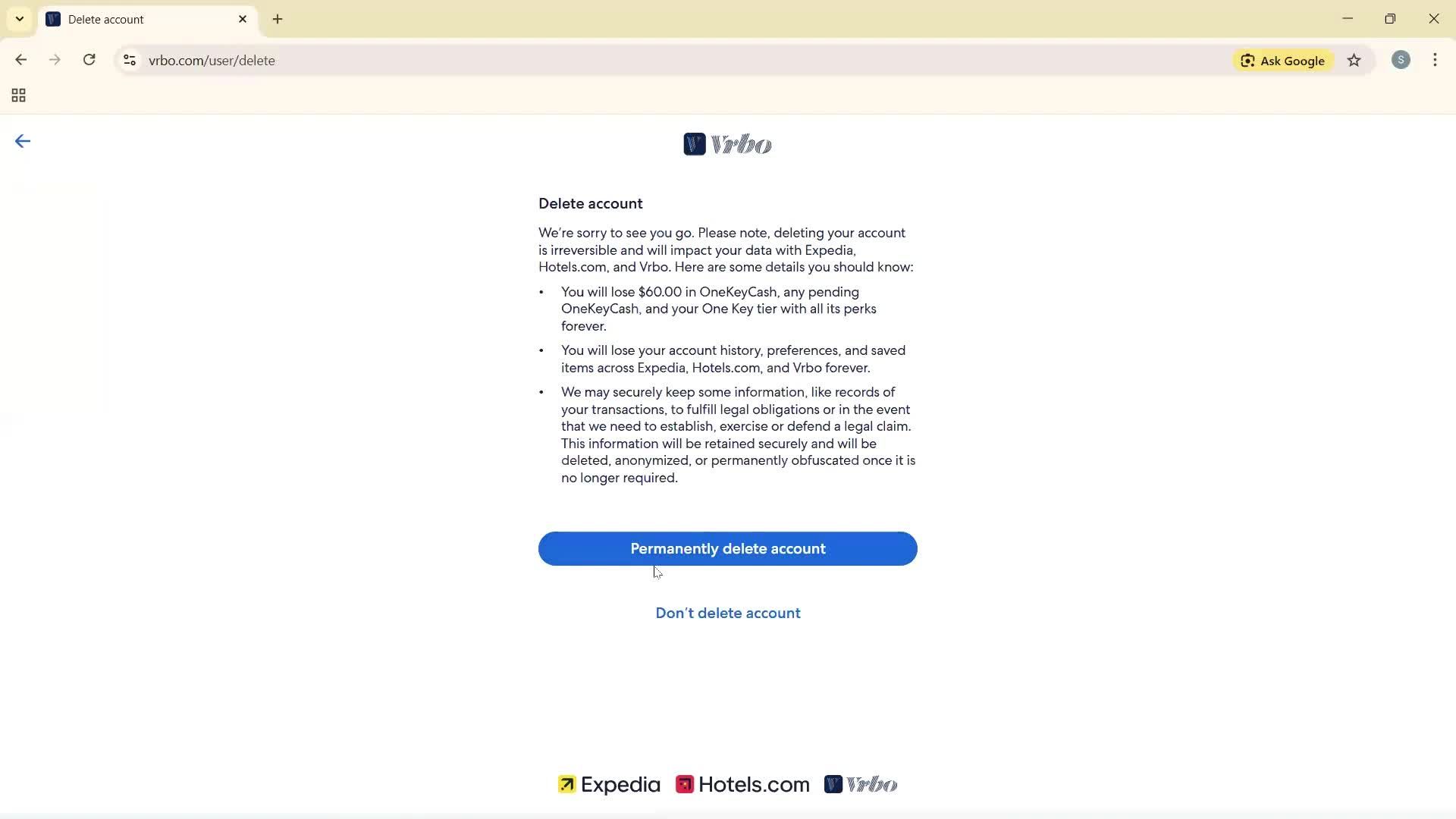 Deleting your account screenshot
