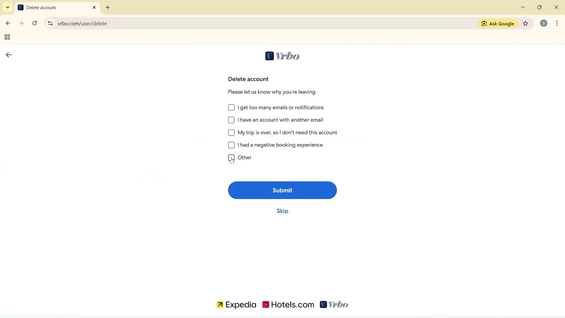 Deleting your account screenshot