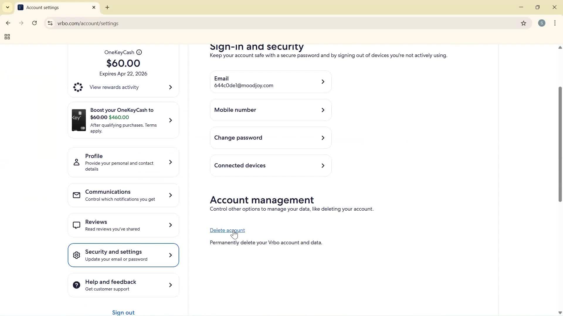 Deleting your account screenshot