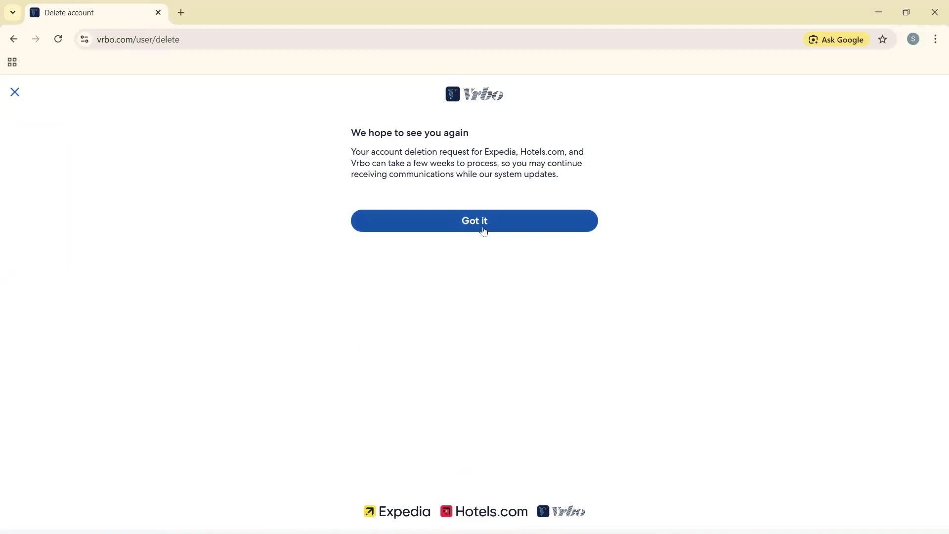 Deleting your account screenshot
