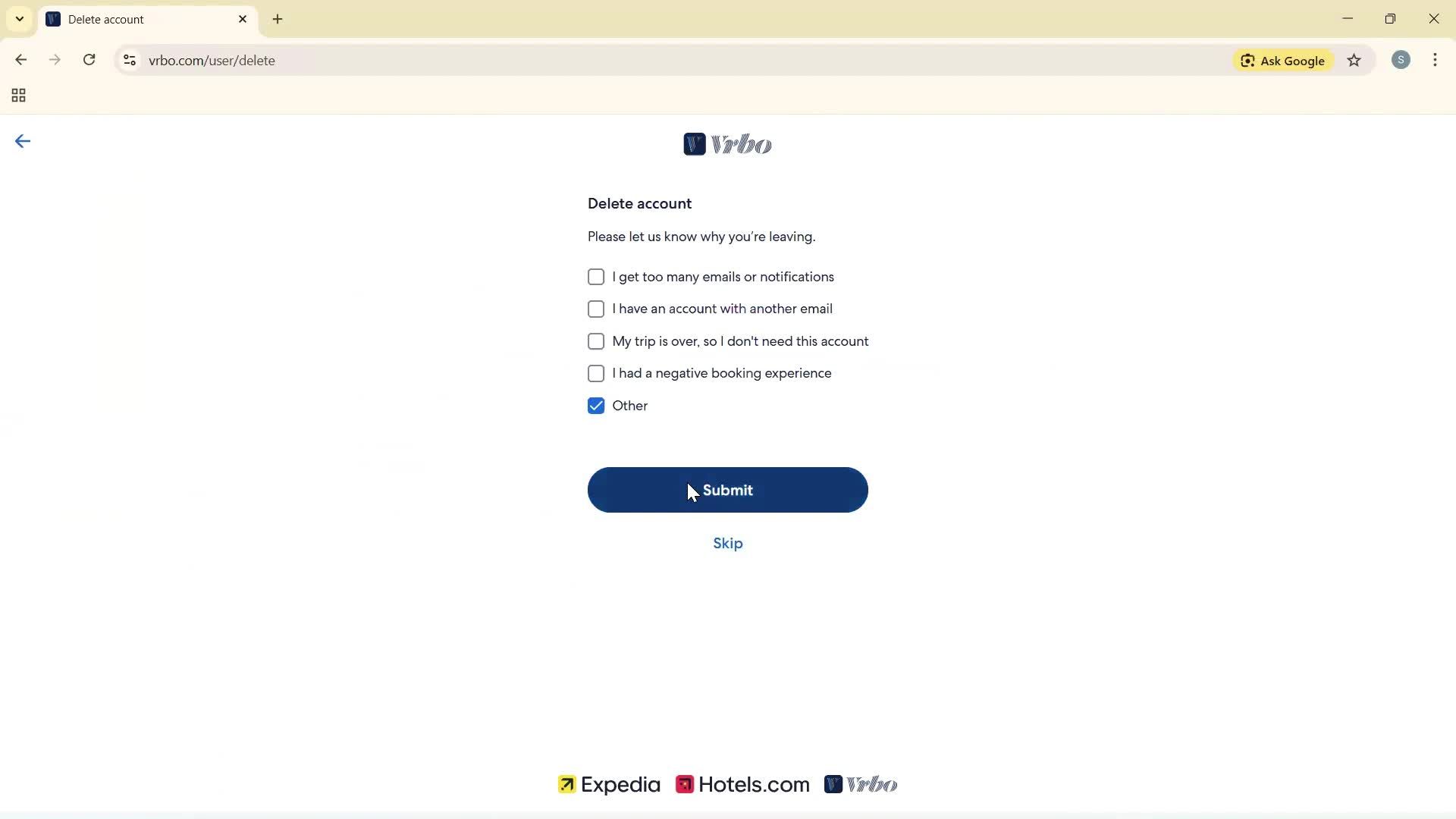 Deleting your account screenshot