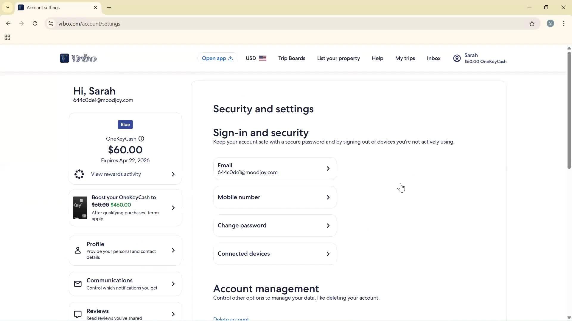 Deleting your account screenshot