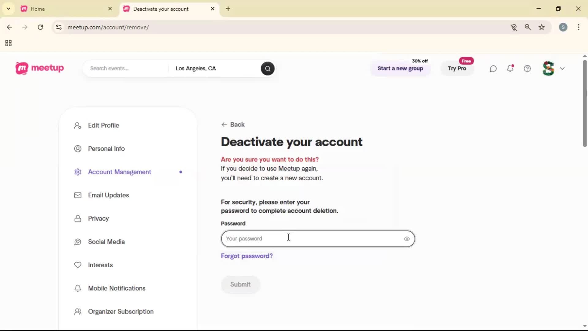 Deactivating your account screenshot