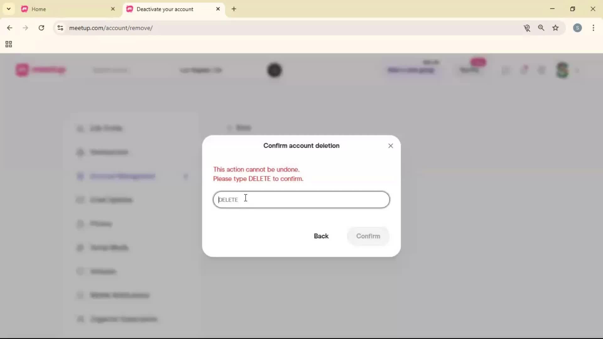 Deactivating your account screenshot