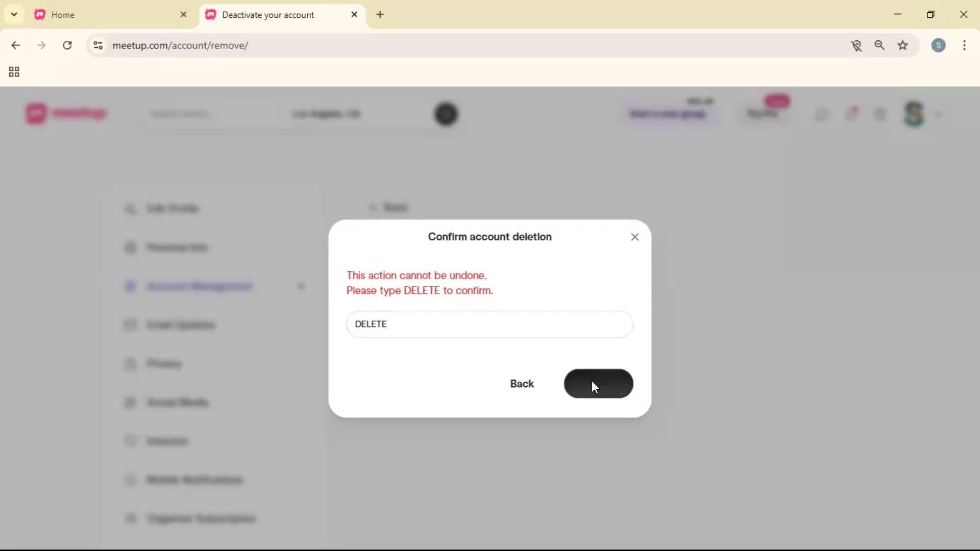 Deactivating your account screenshot
