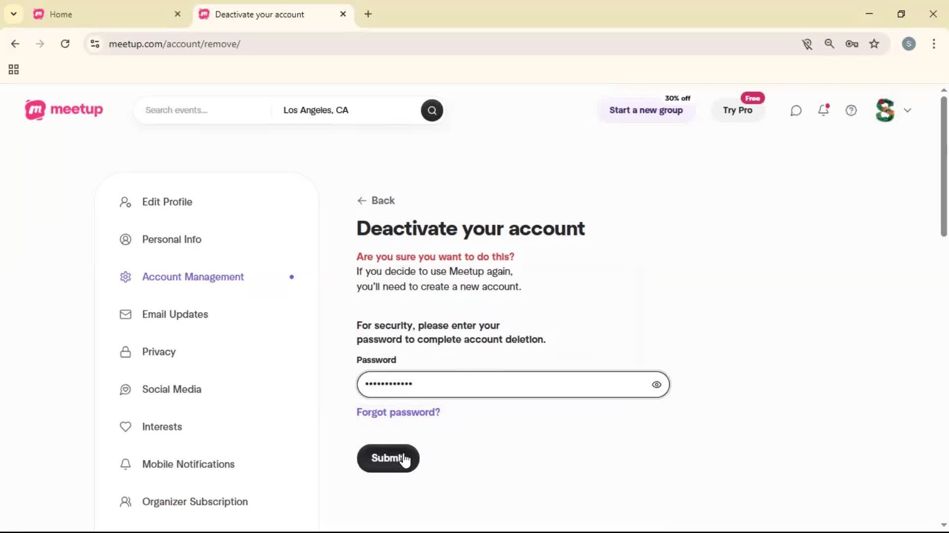 Deactivating your account screenshot