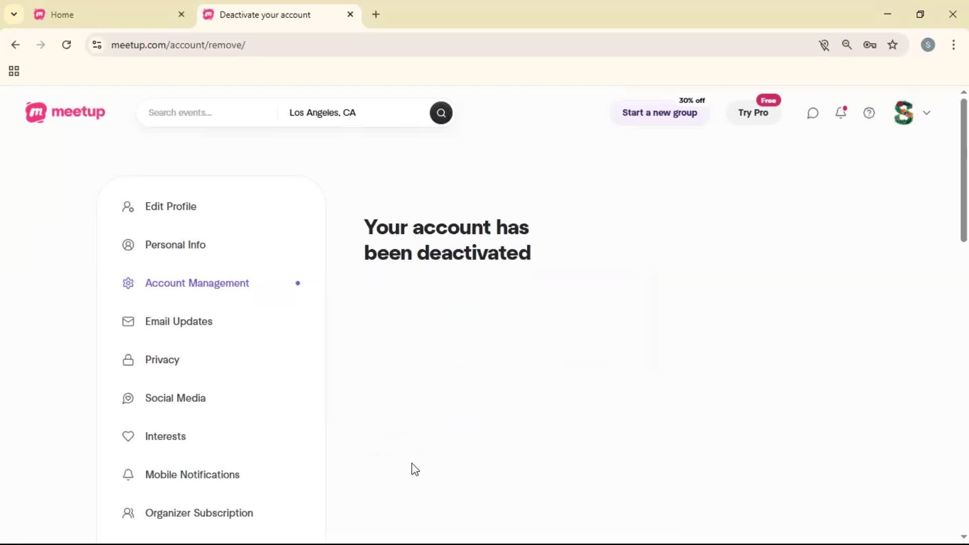 Deactivating your account screenshot