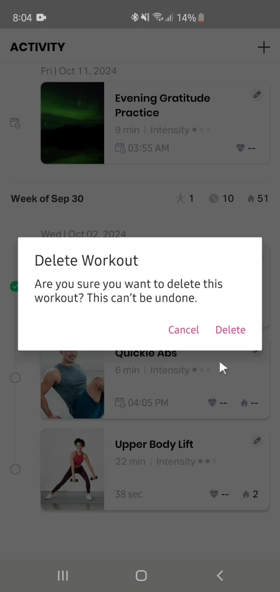 Deleting an activity on FitOn video thumbnail