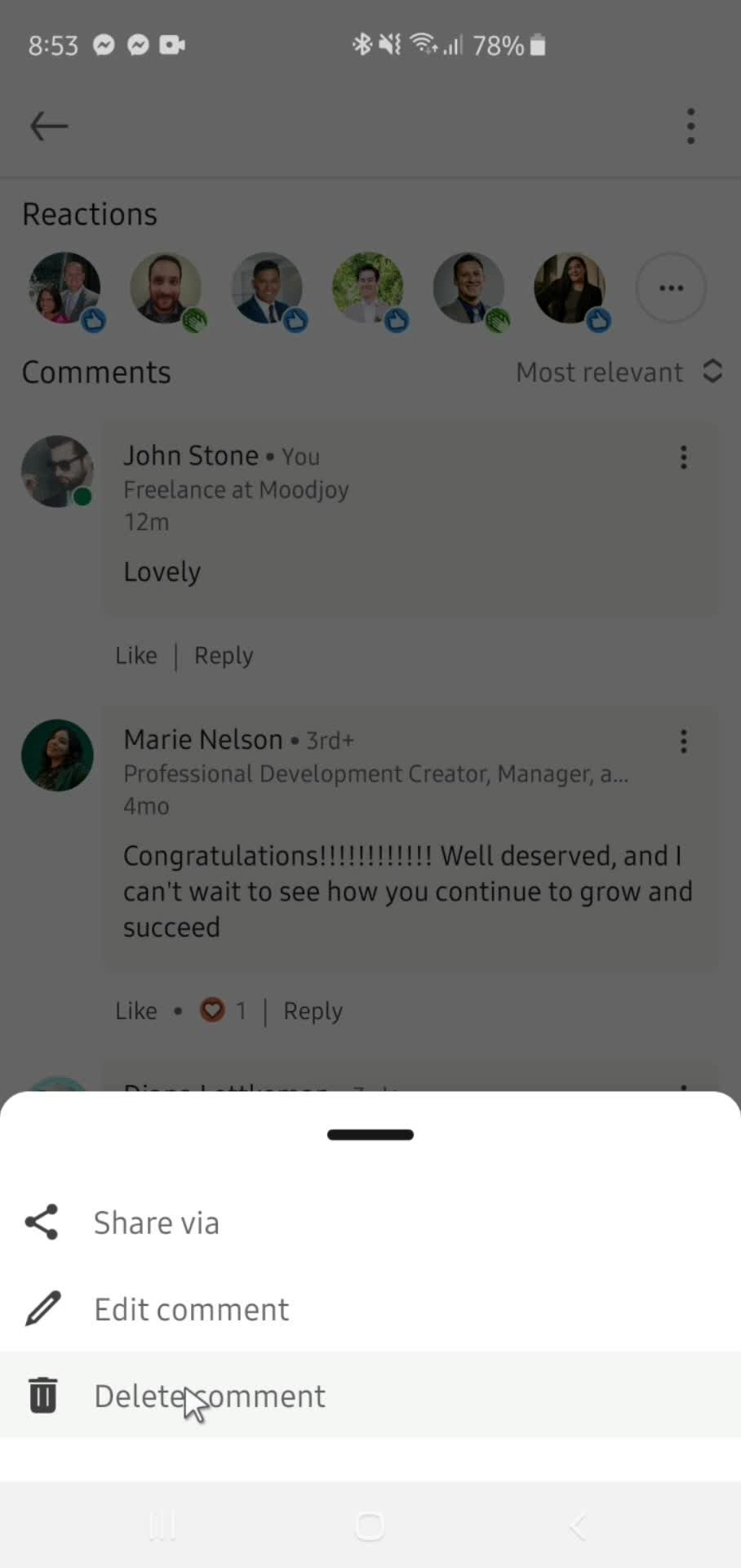 Deleting comments screenshot