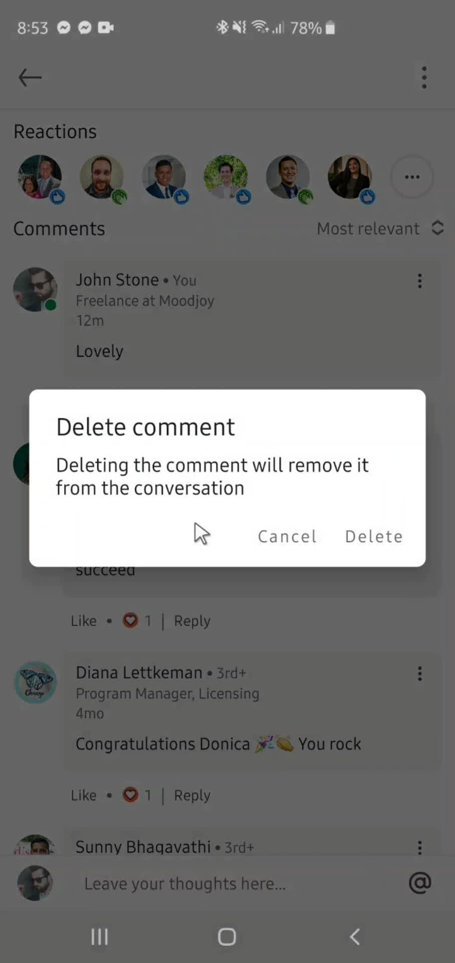 Deleting comments screenshot