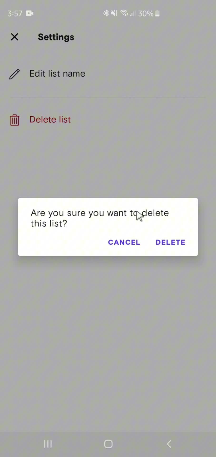 Deleting a list screenshot