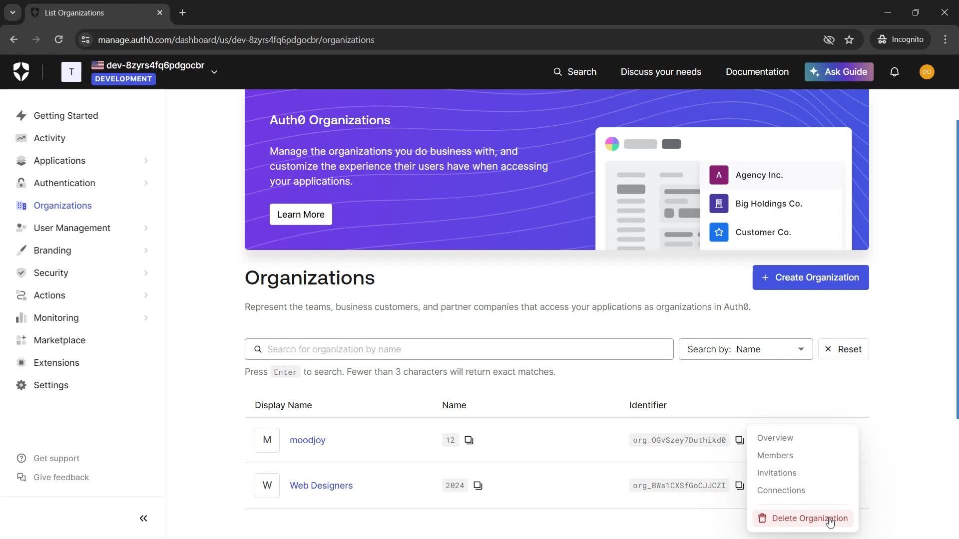 Deleting an organization screenshot